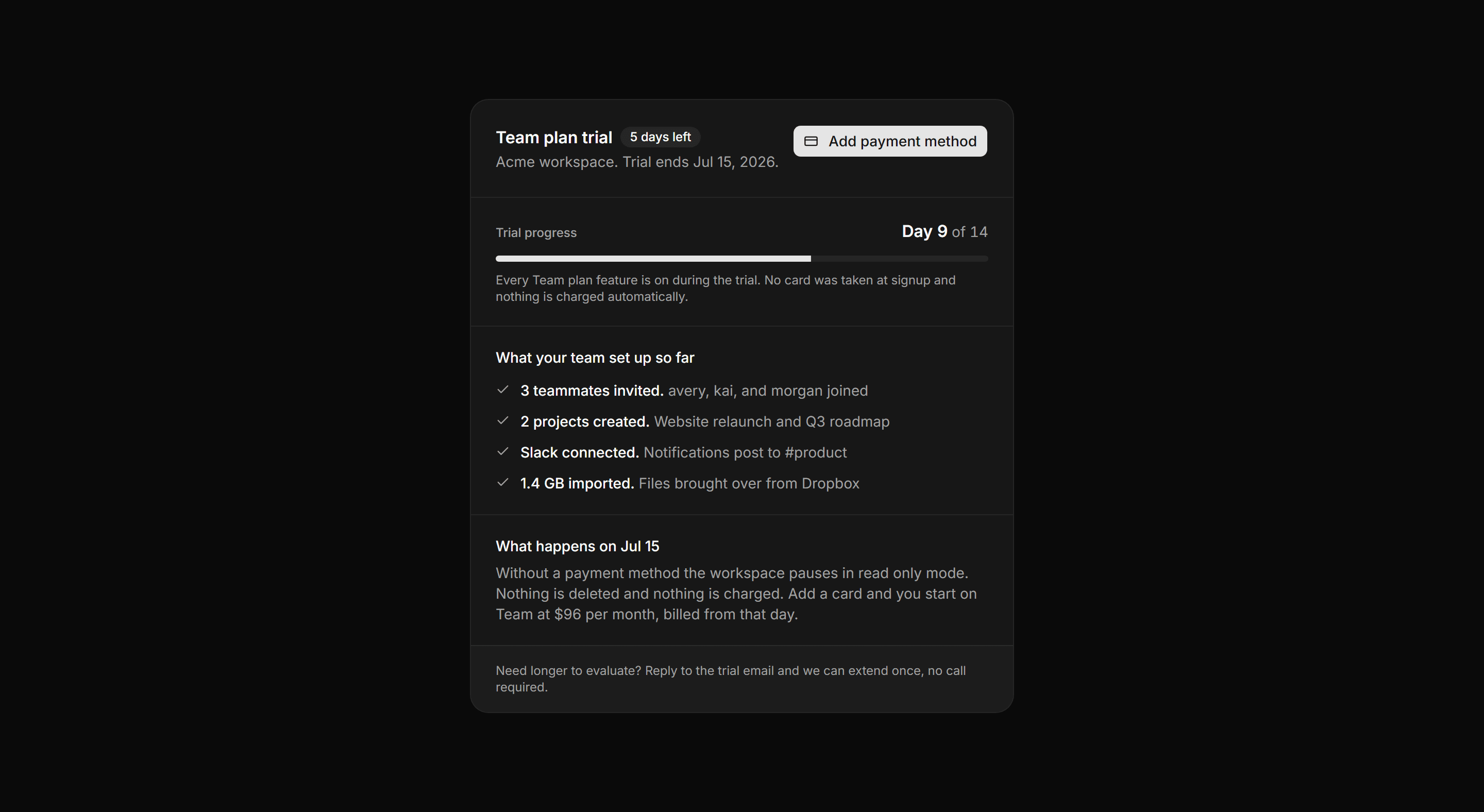 Application Billing: Trial Status Card
