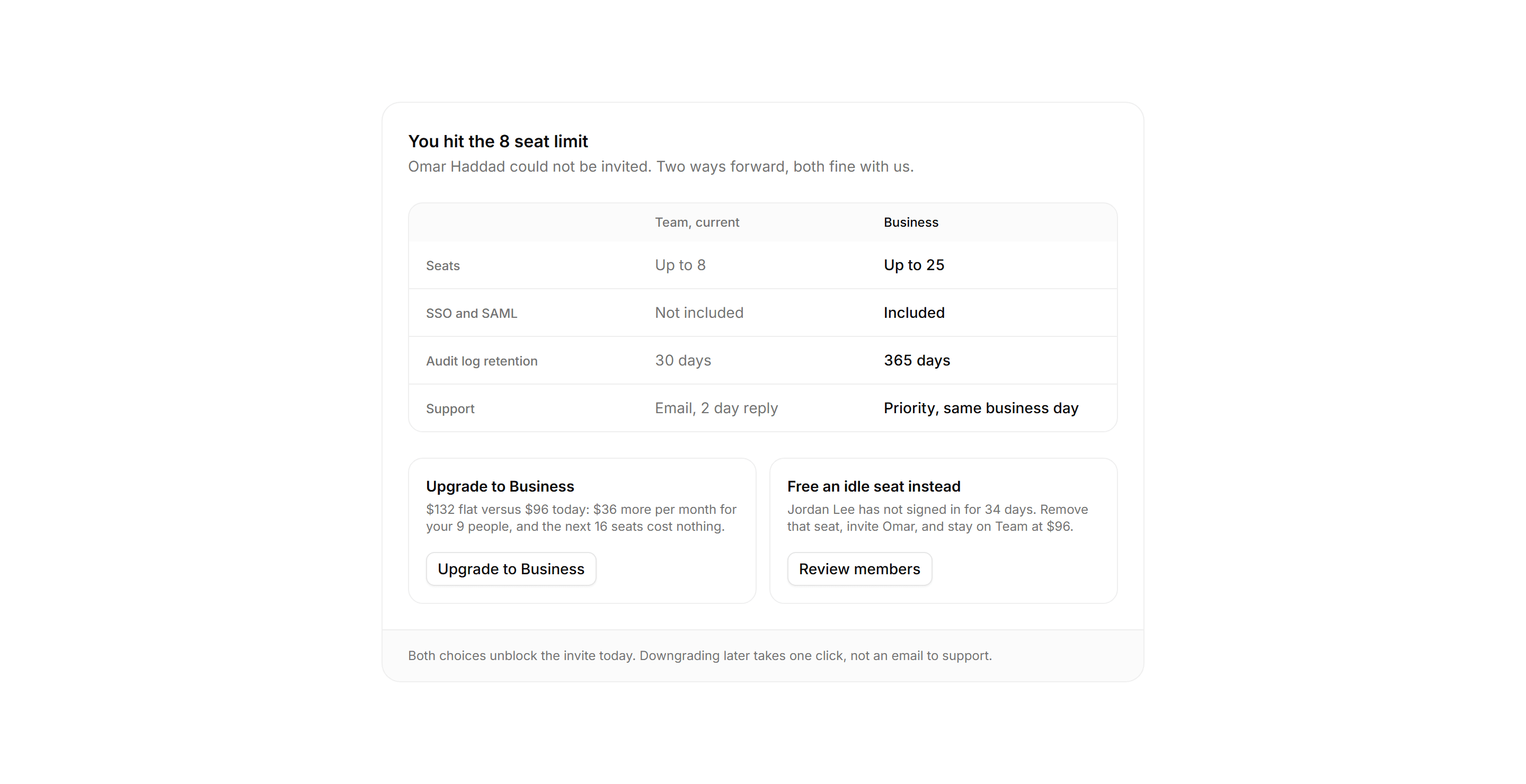 Application Billing: Upgrade Comparison Card