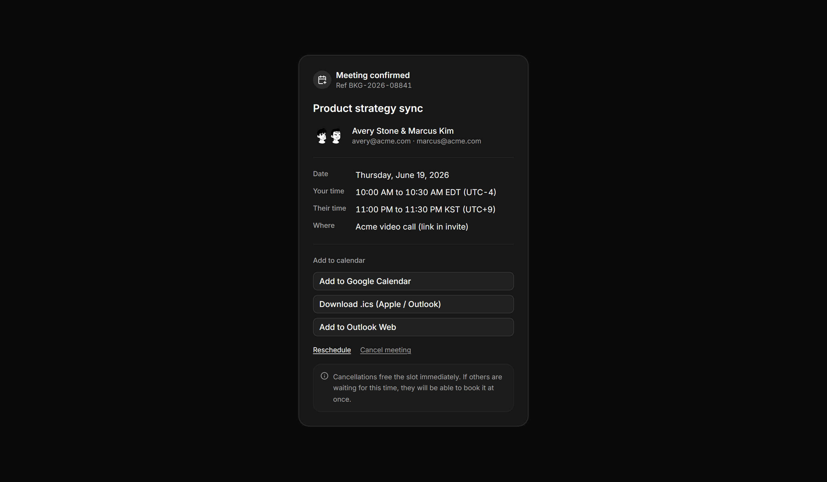 Application Calendar and Scheduling: Booking Confirmation Card