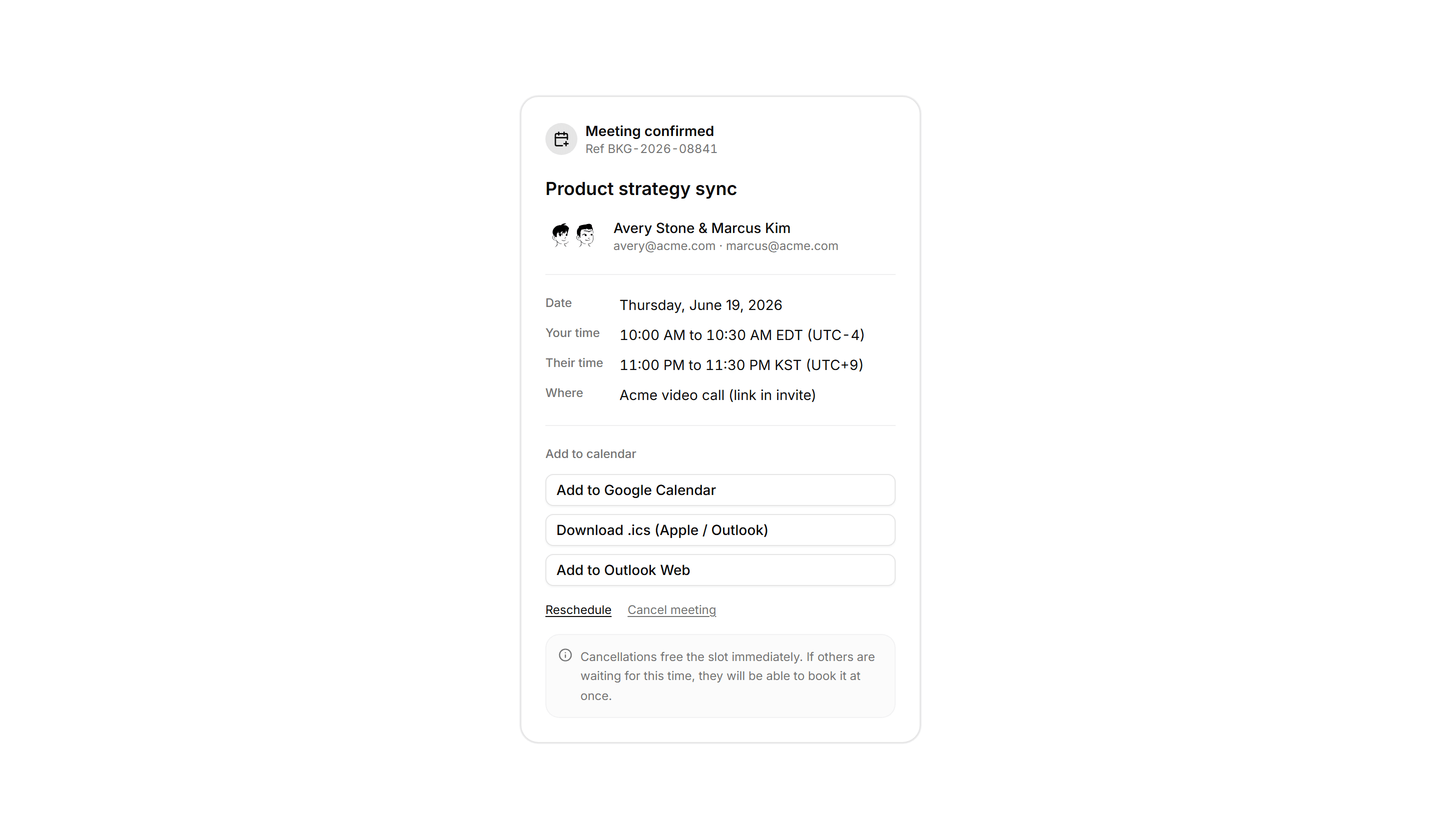 Application Calendar and Scheduling: Booking Confirmation Card
