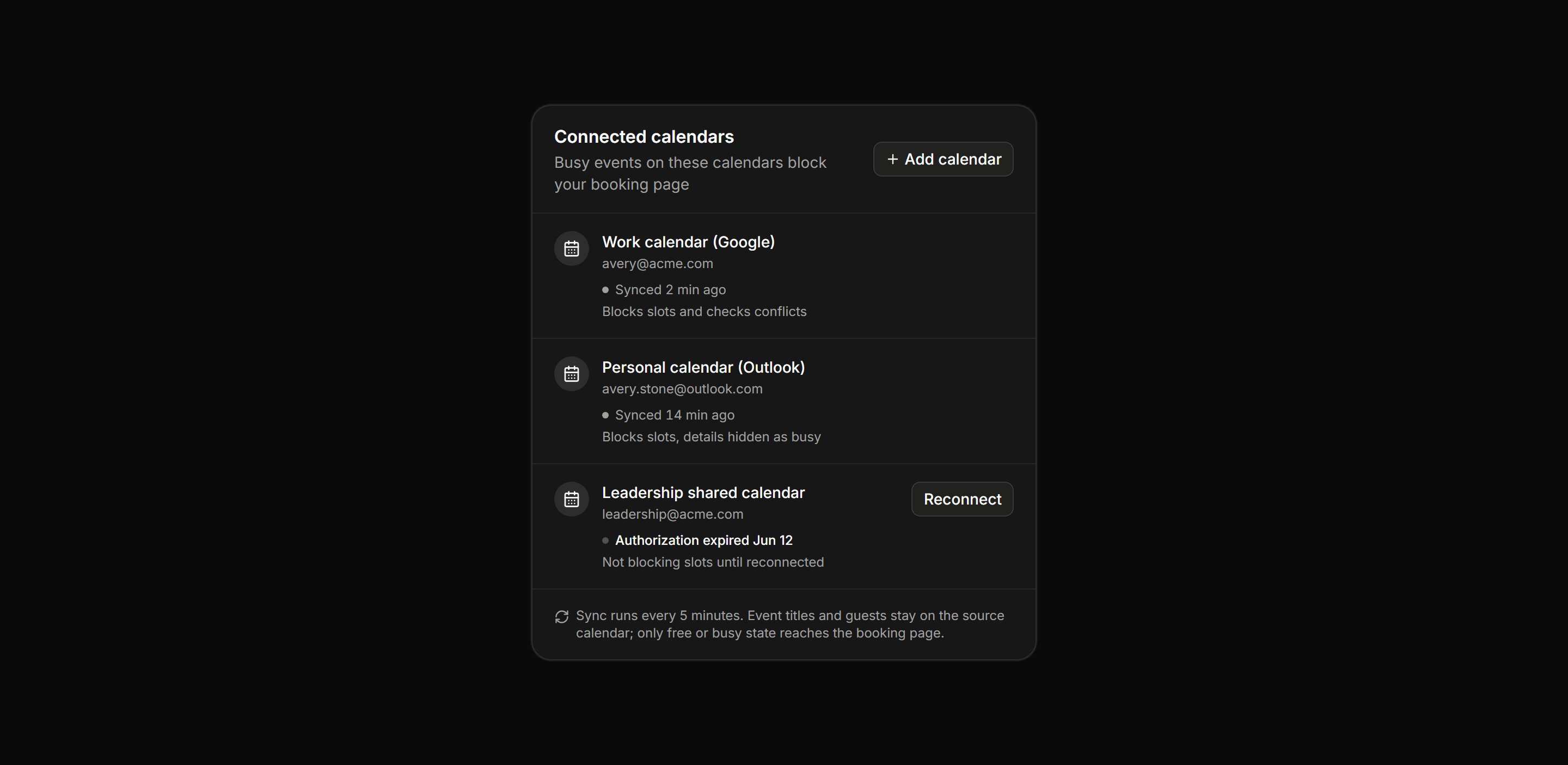 Application Calendar and Scheduling: Calendar Sync Status