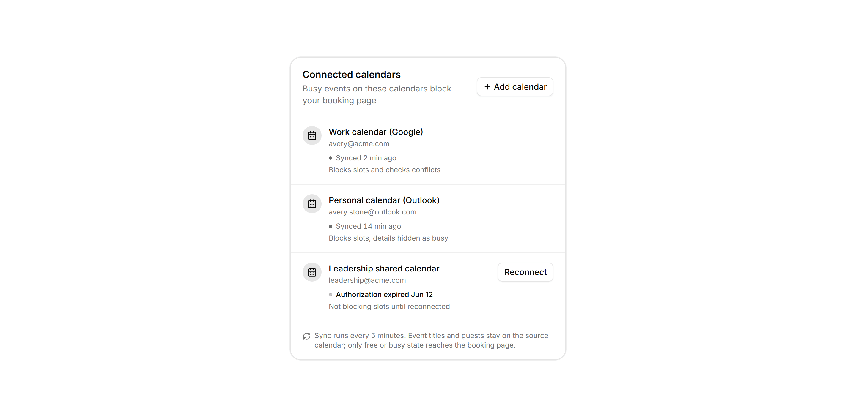 Application Calendar and Scheduling: Calendar Sync Status