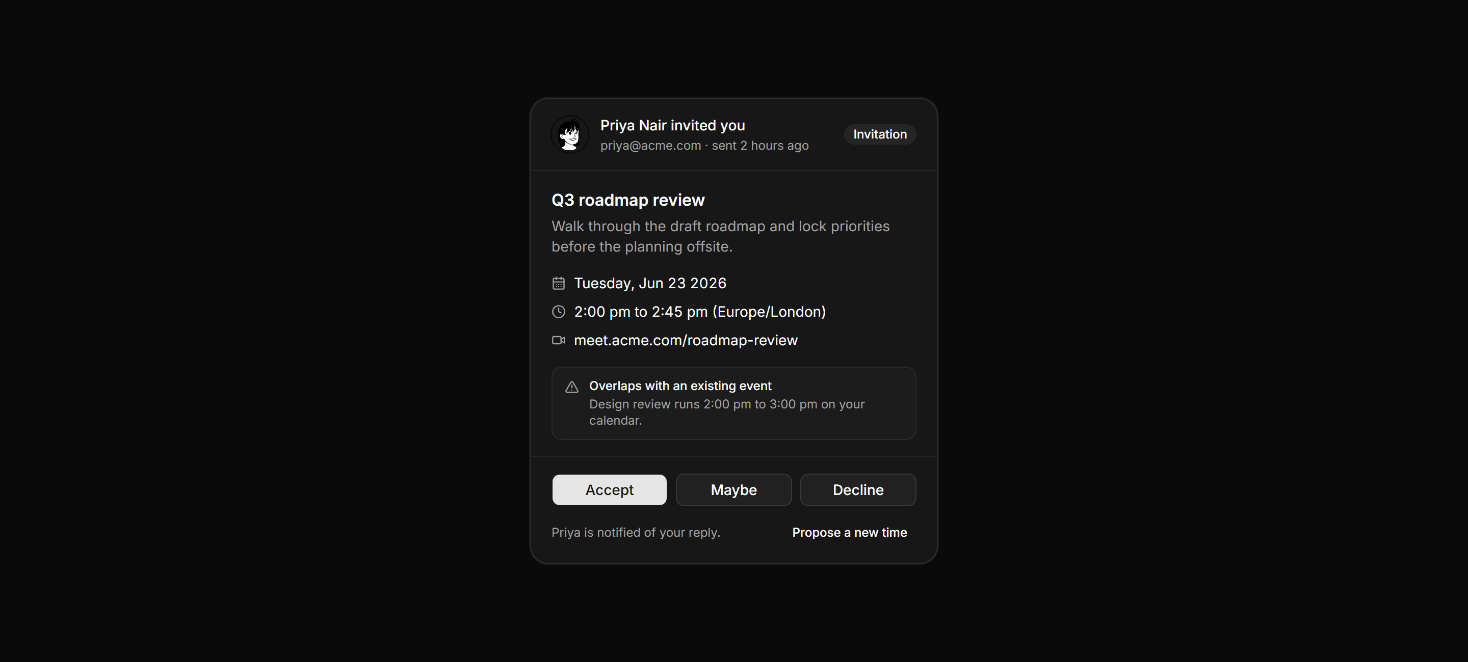 Application Calendar and Scheduling: Invite RSVP Card