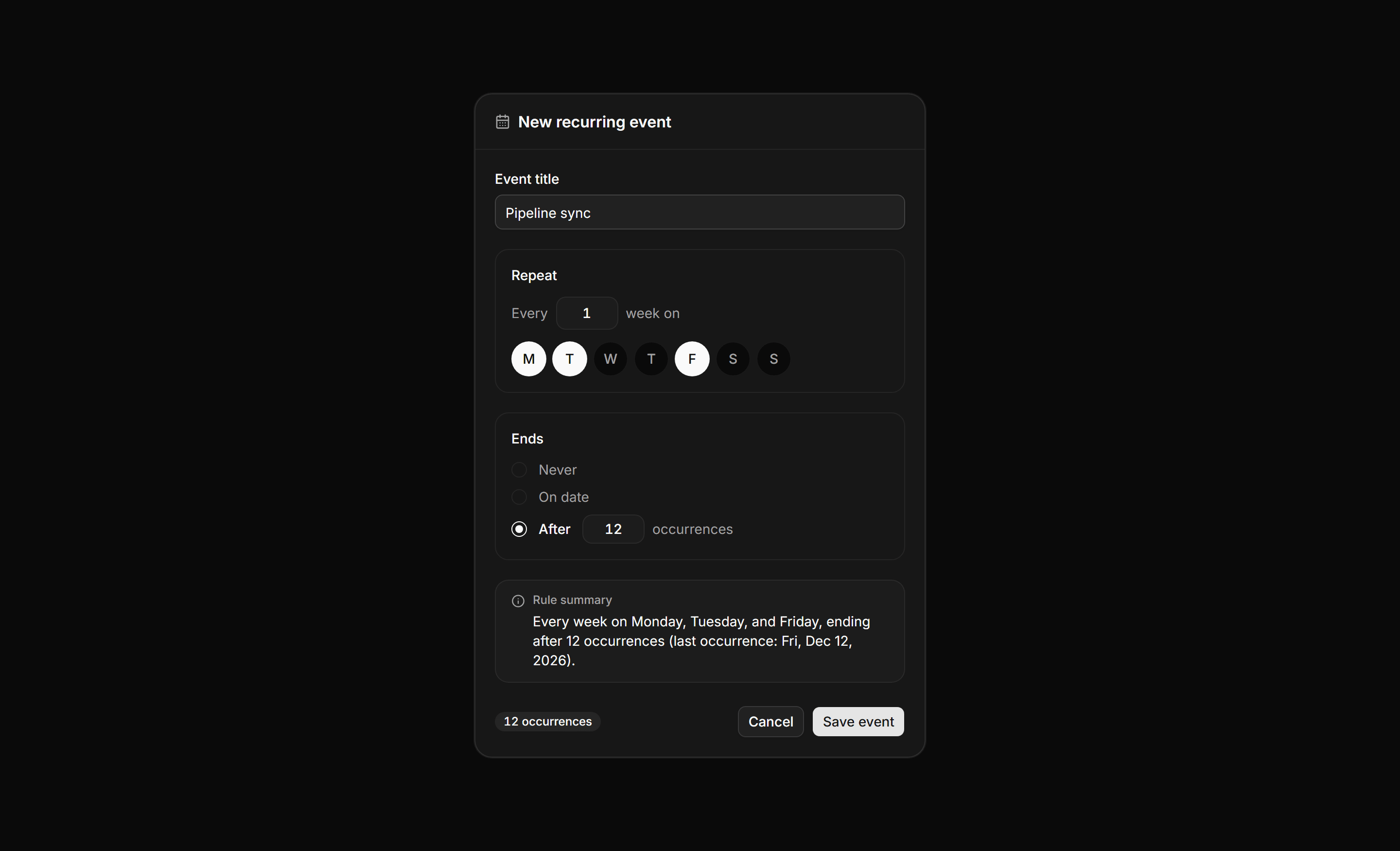 Application Calendar and Scheduling: Recurring Event Form
