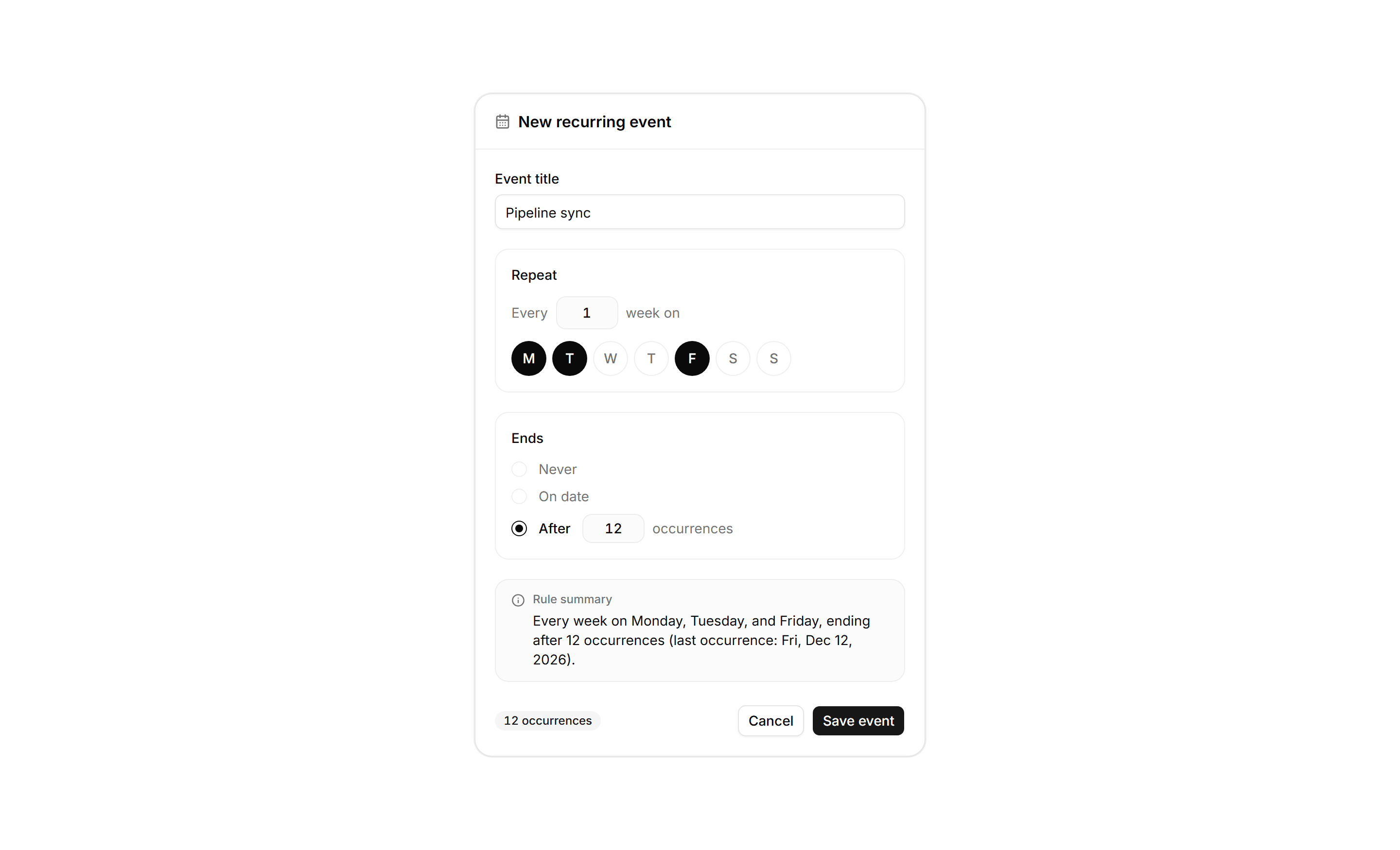 Application Calendar and Scheduling: Recurring Event Form