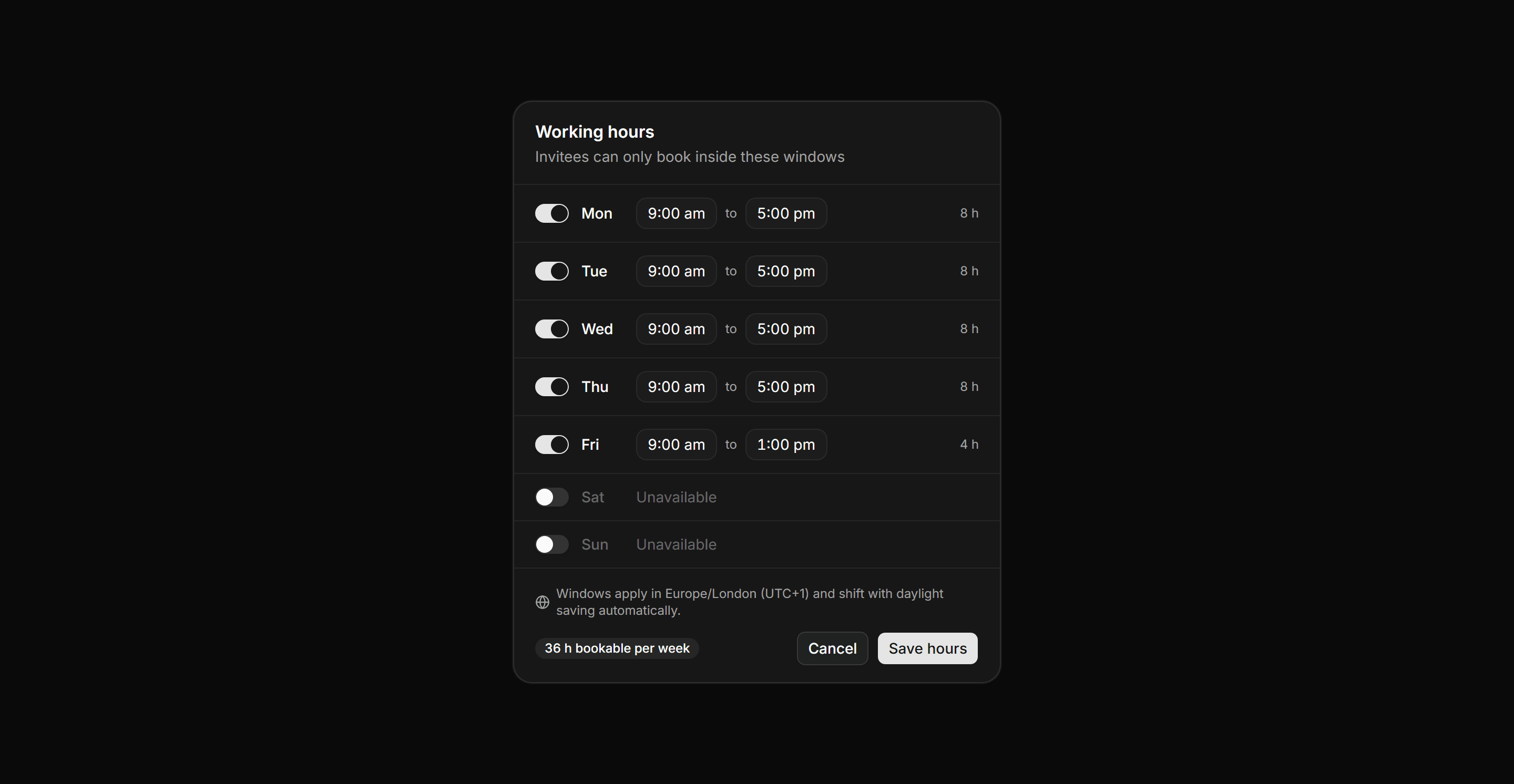 Application Calendar and Scheduling: Working Hours Editor