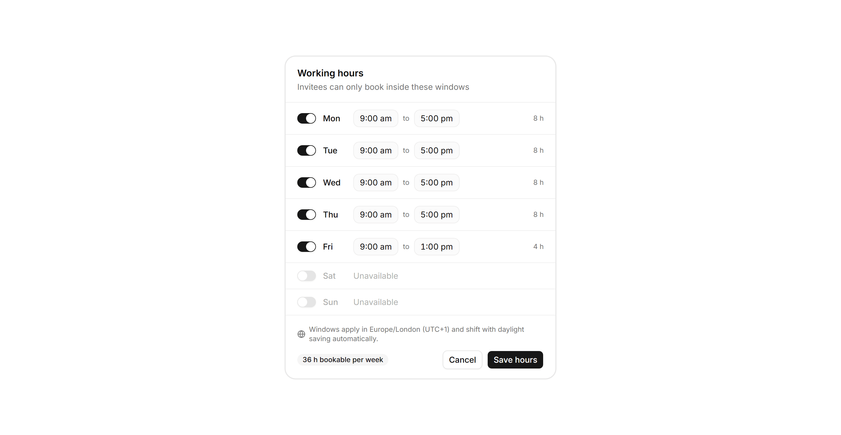 Application Calendar and Scheduling: Working Hours Editor