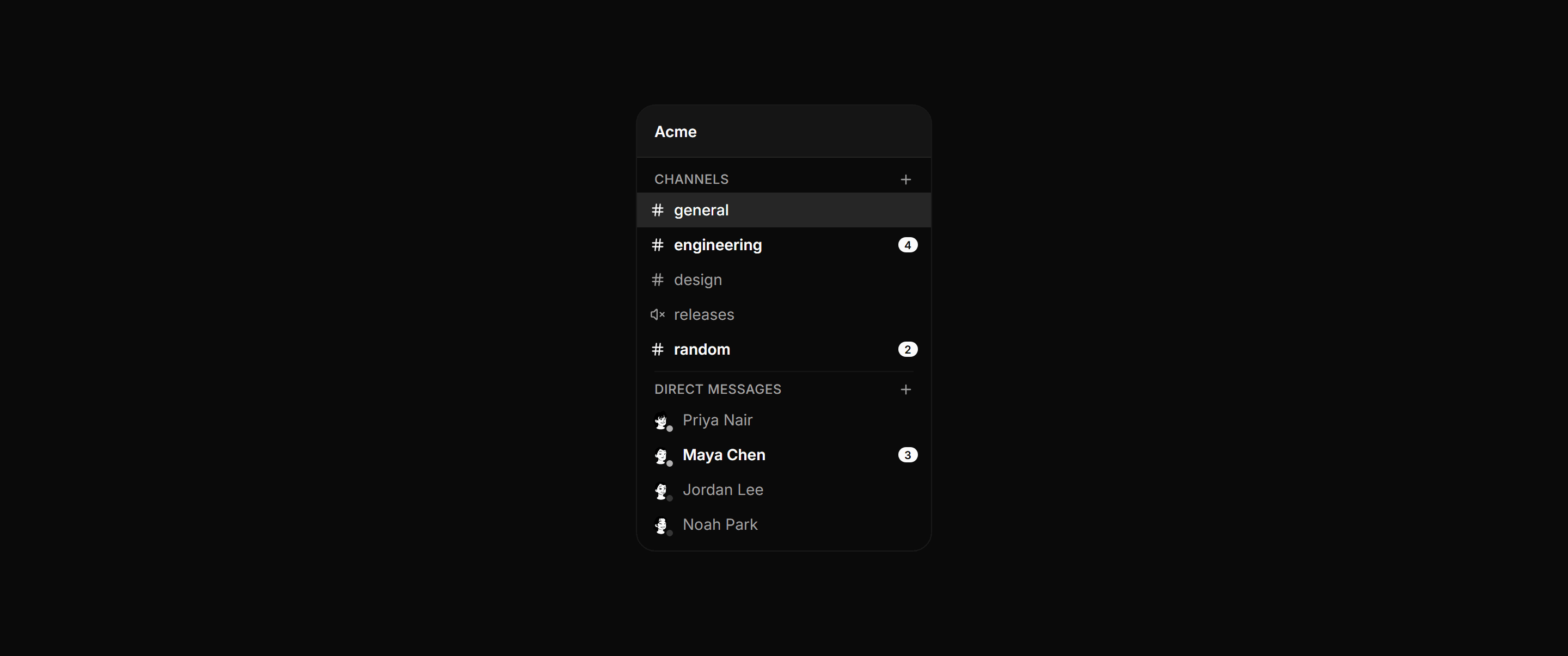Application Chat and Messaging: Channel List Sidebar