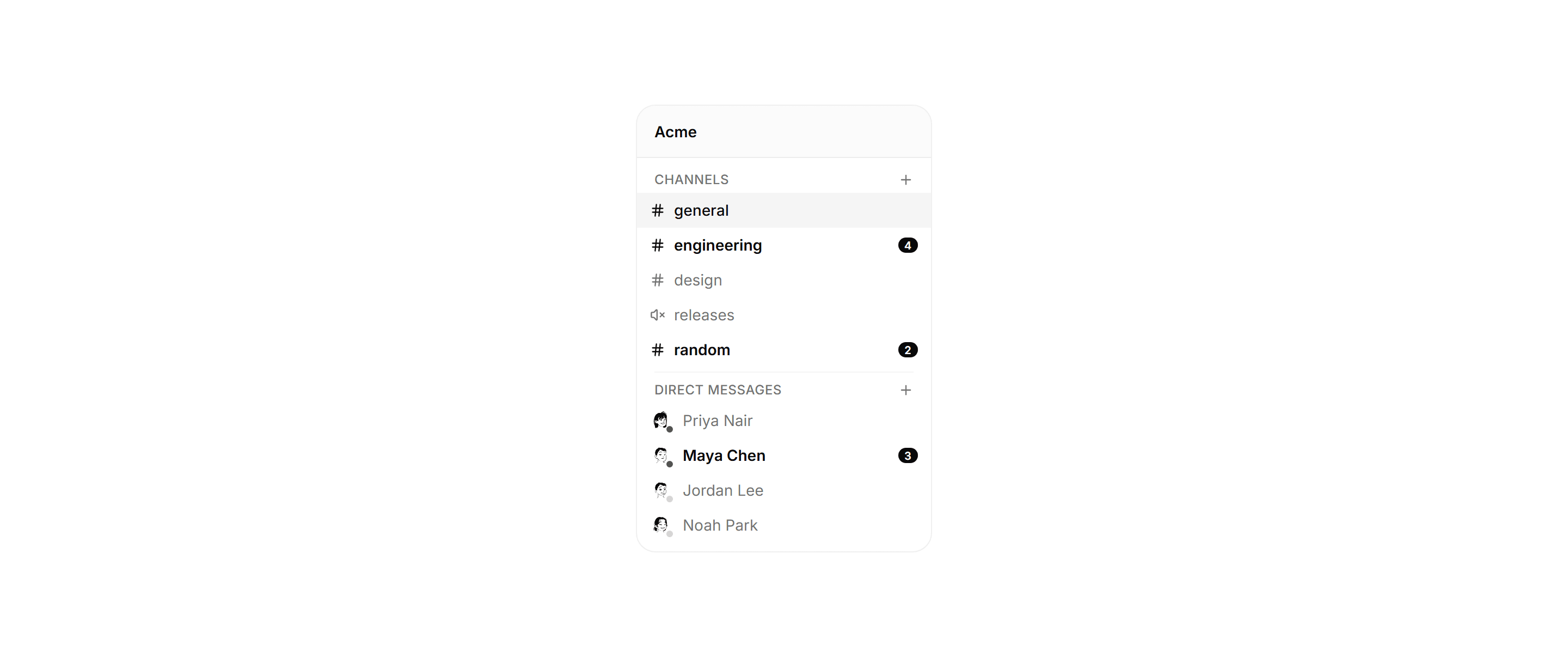 Application Chat and Messaging: Channel List Sidebar