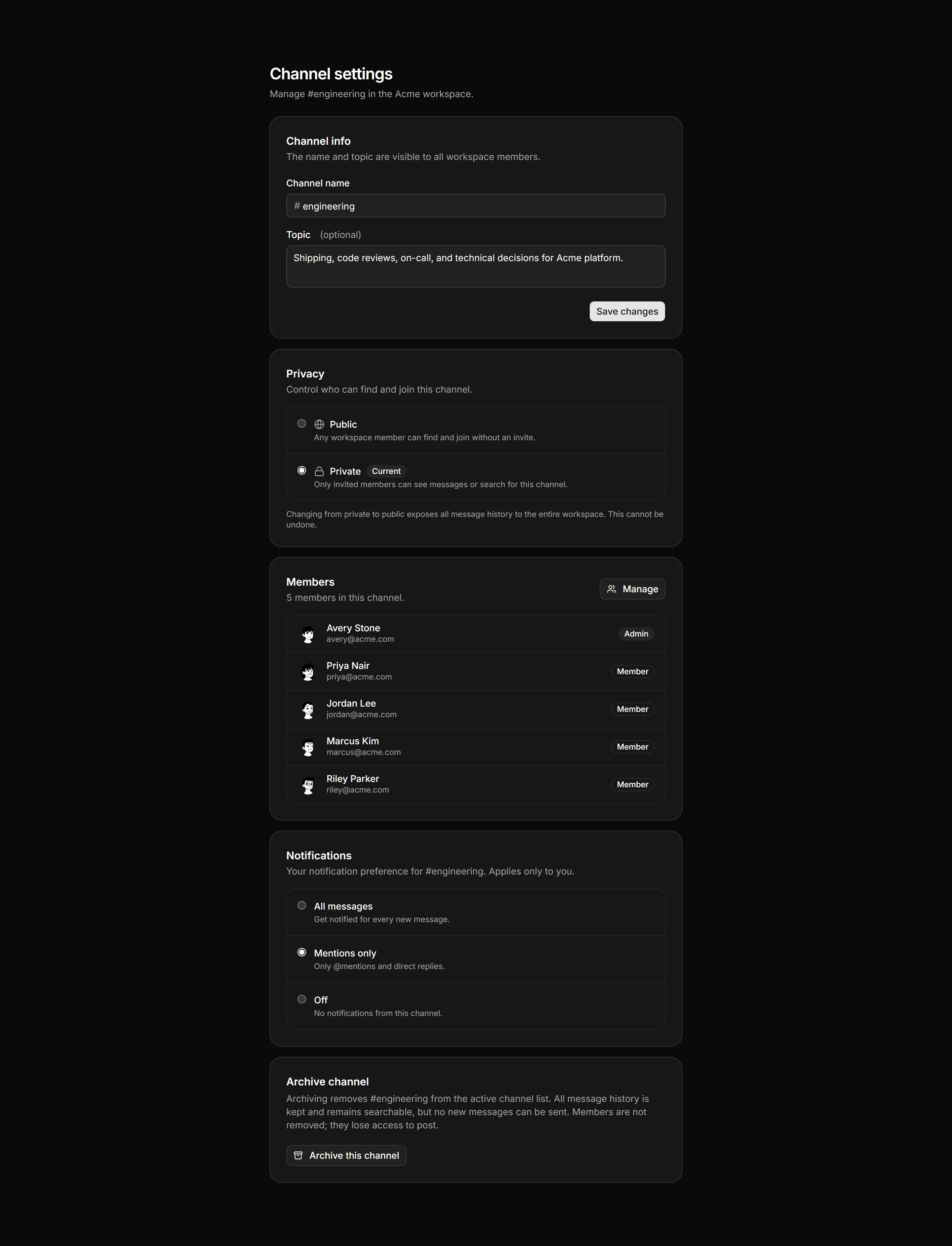 Application Chat and Messaging: Channel Settings Panel