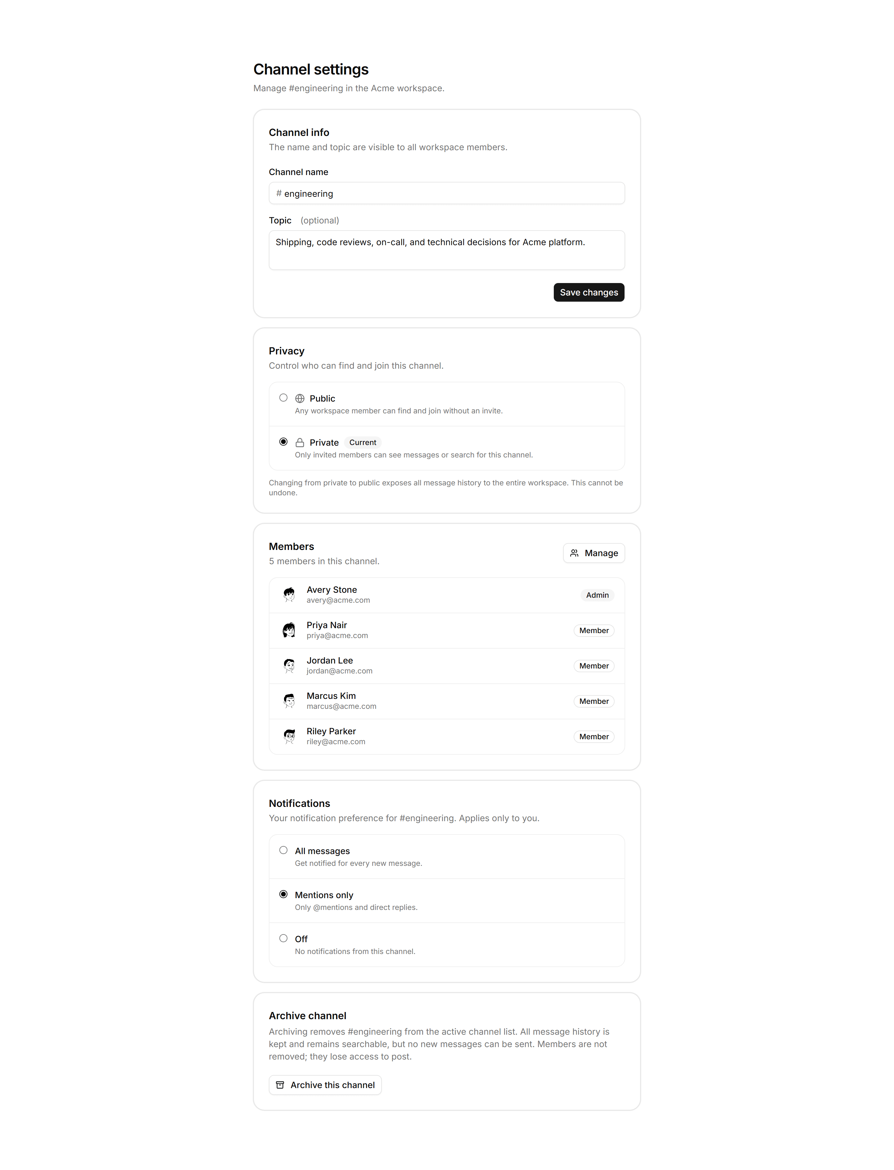 Application Chat and Messaging: Channel Settings Panel