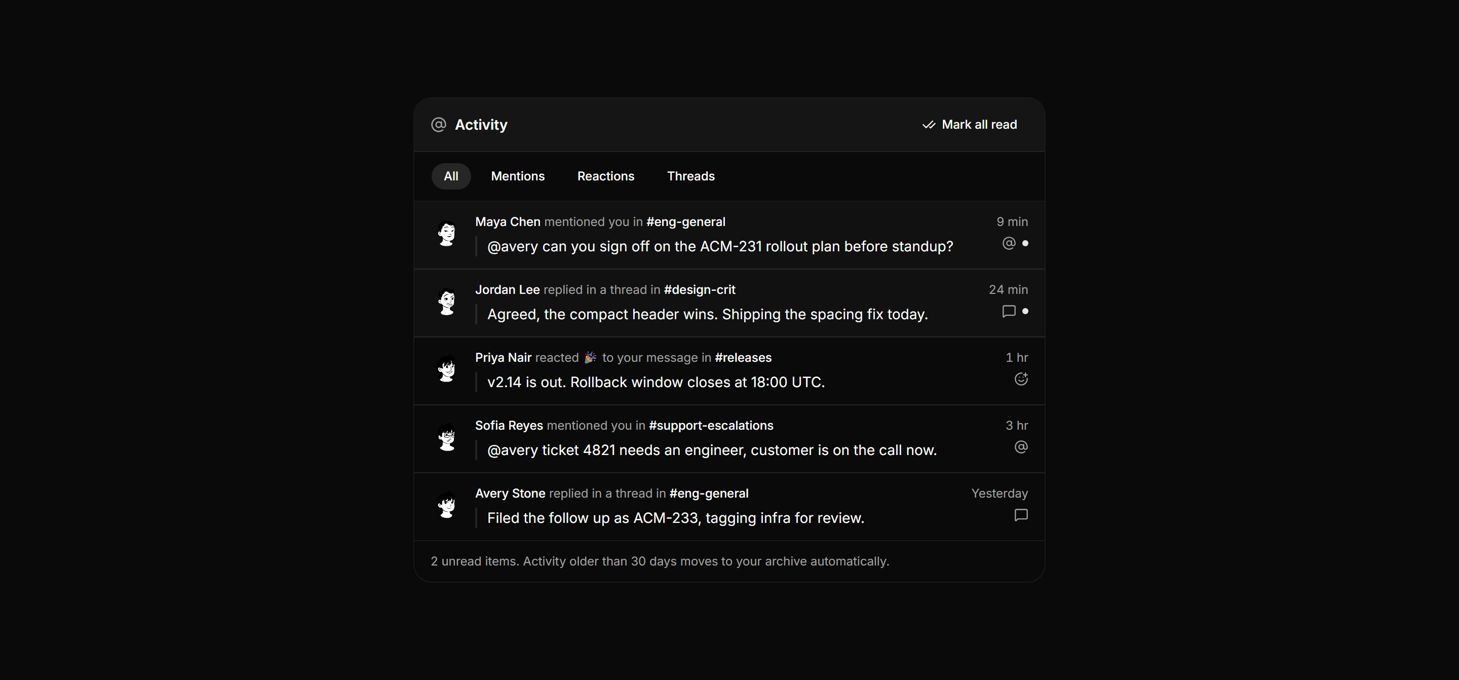 Application Chat and Messaging: Mentions Activity Feed