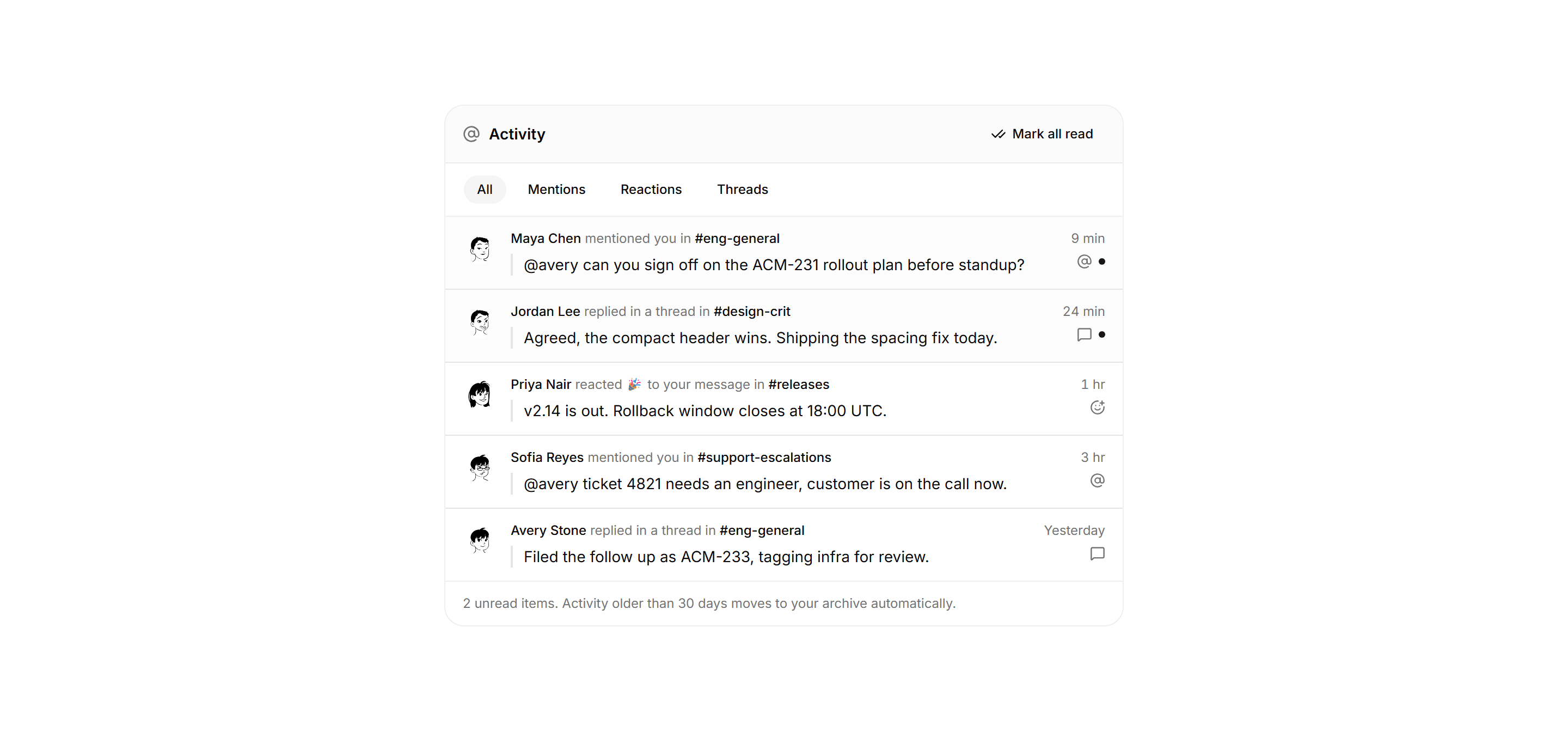 Application Chat and Messaging: Mentions Activity Feed
