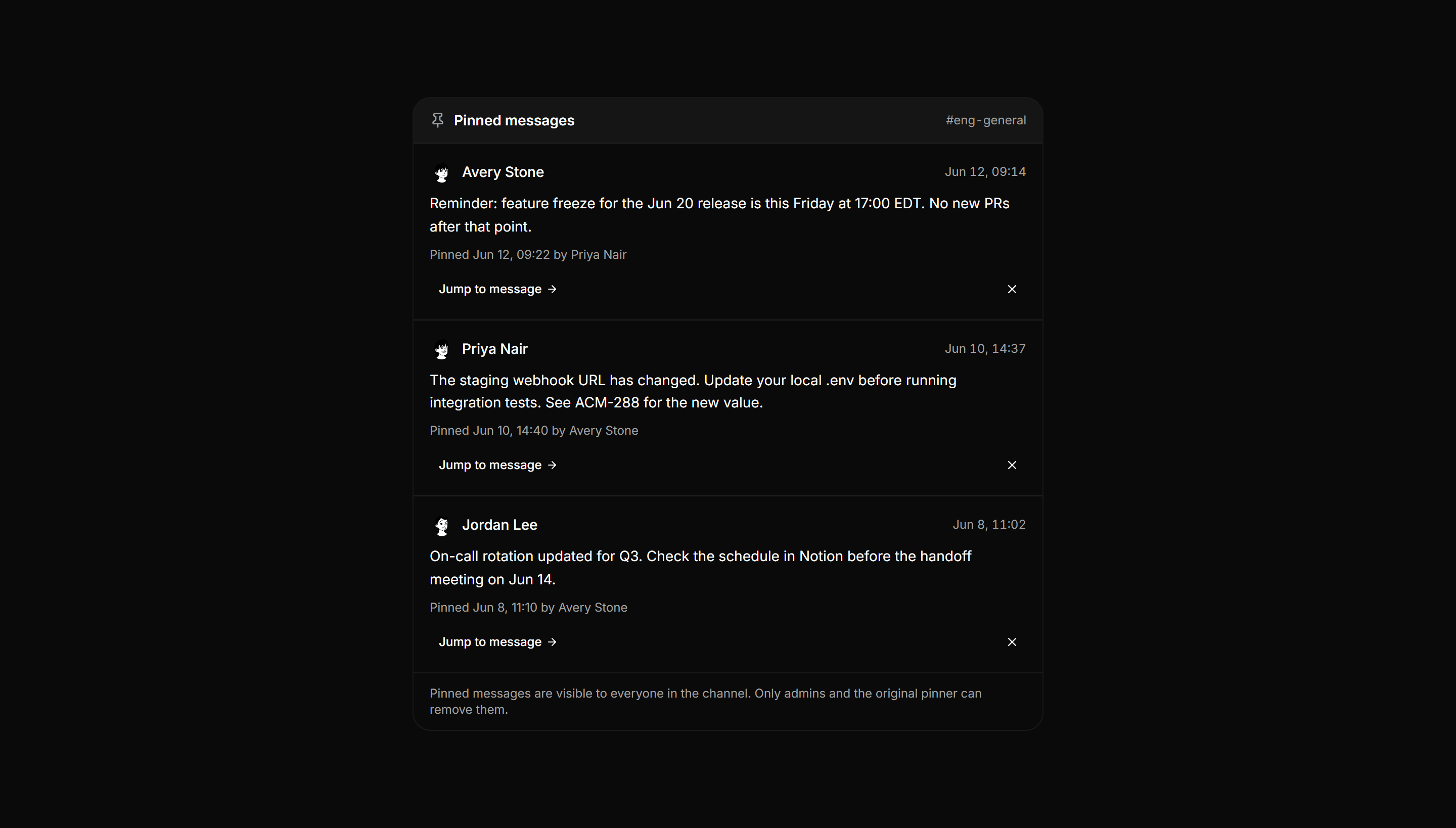 Application Chat and Messaging: Pinned Messages Panel
