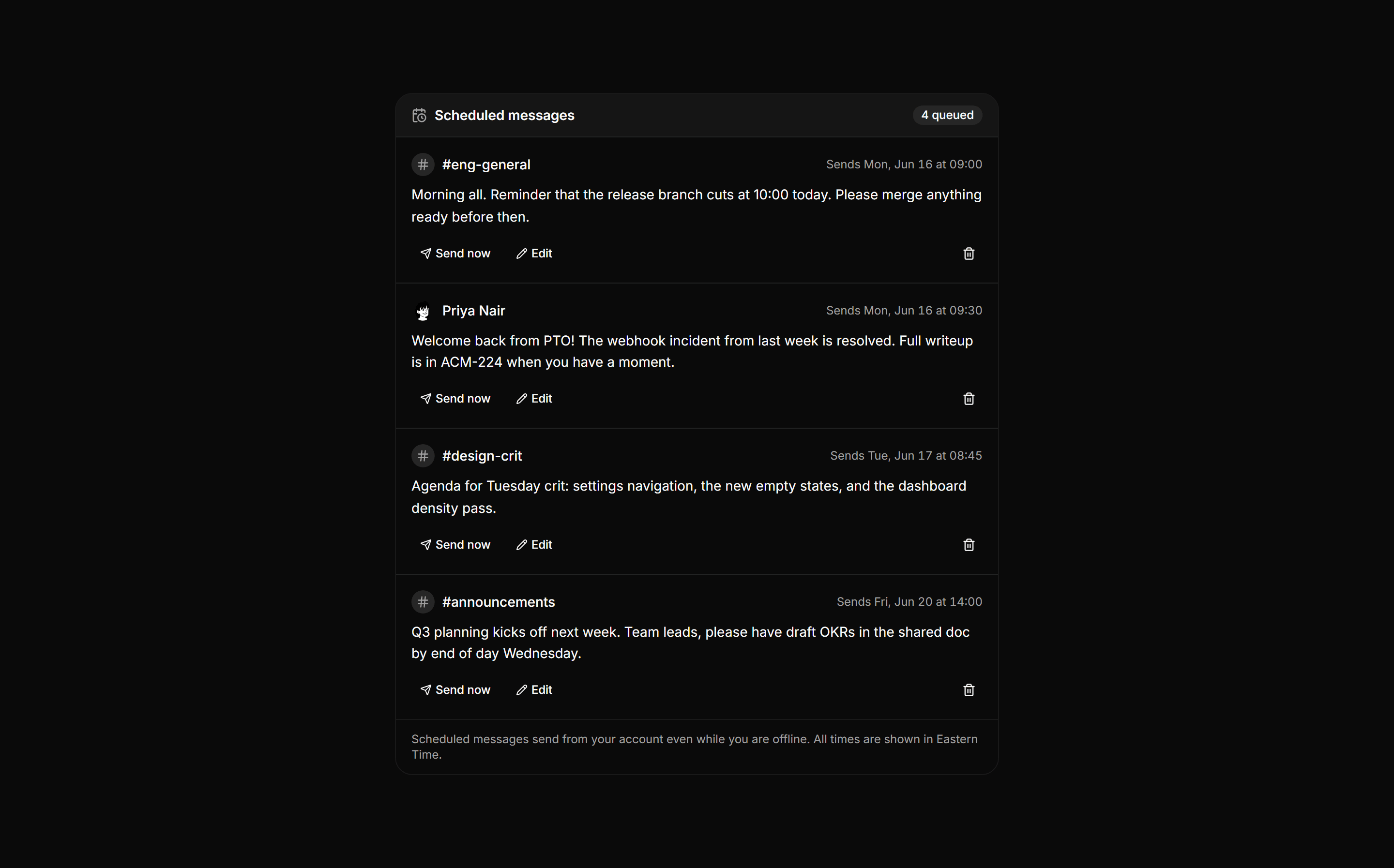 Application Chat and Messaging: Scheduled Messages Panel