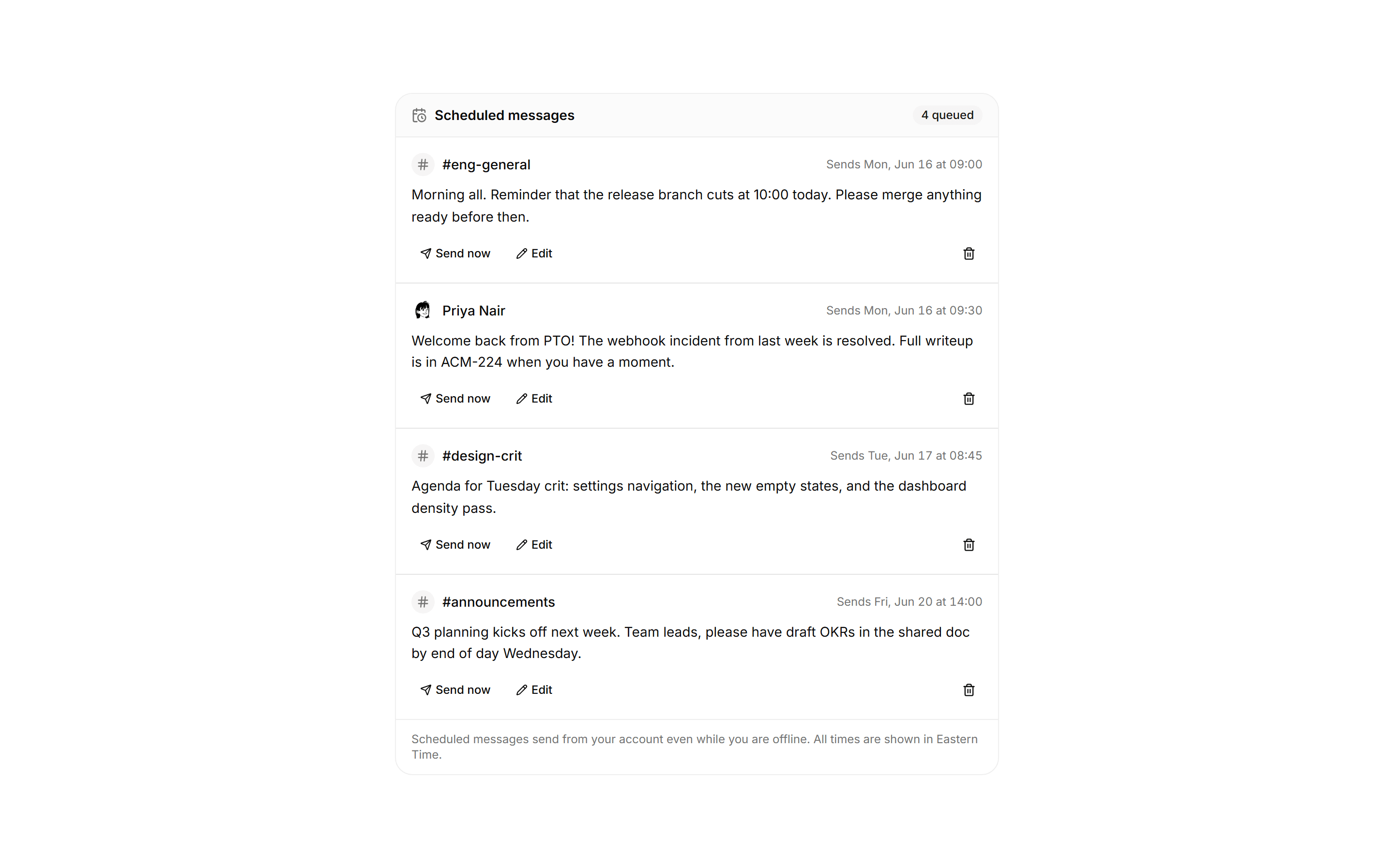 Application Chat and Messaging: Scheduled Messages Panel