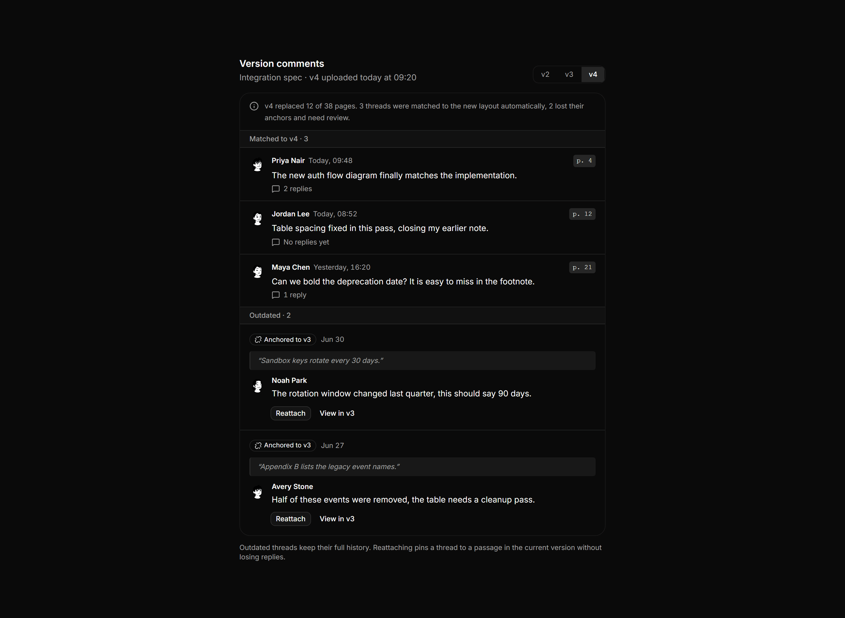 Application Comments and Annotation: Outdated Comments Panel