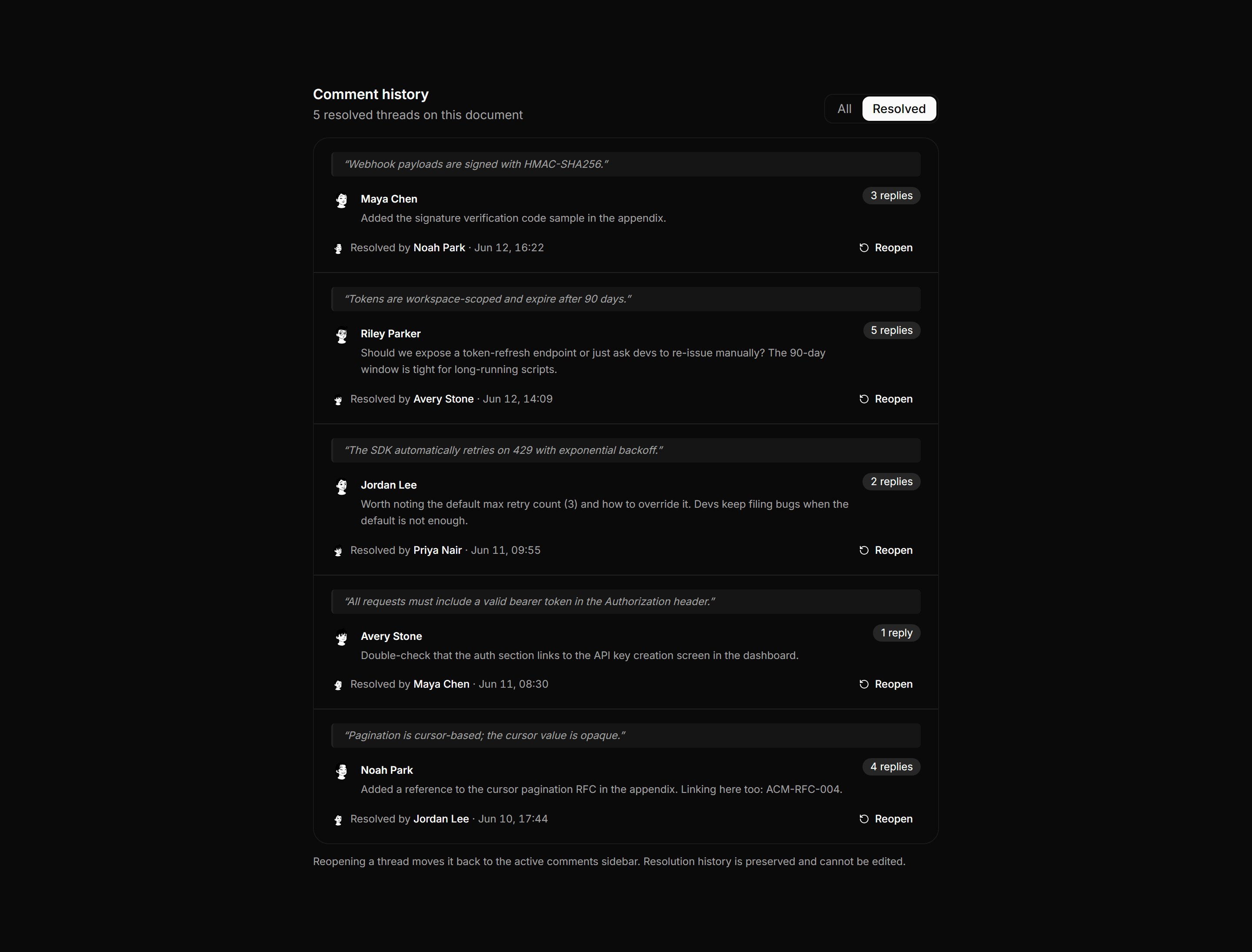 Application Comments and Annotation: Resolved Comments List