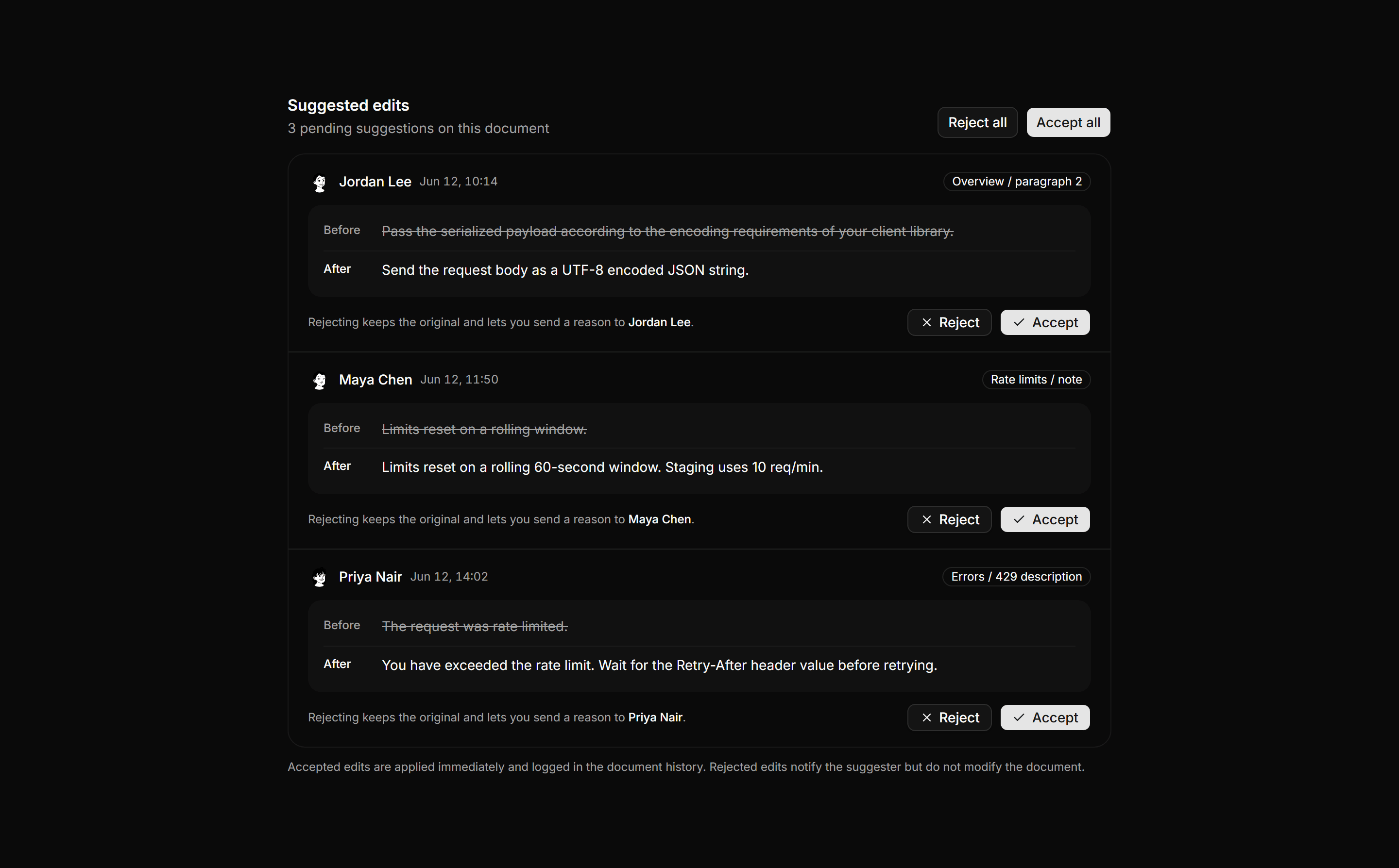 Application Comments and Annotation: Suggestion Review Row