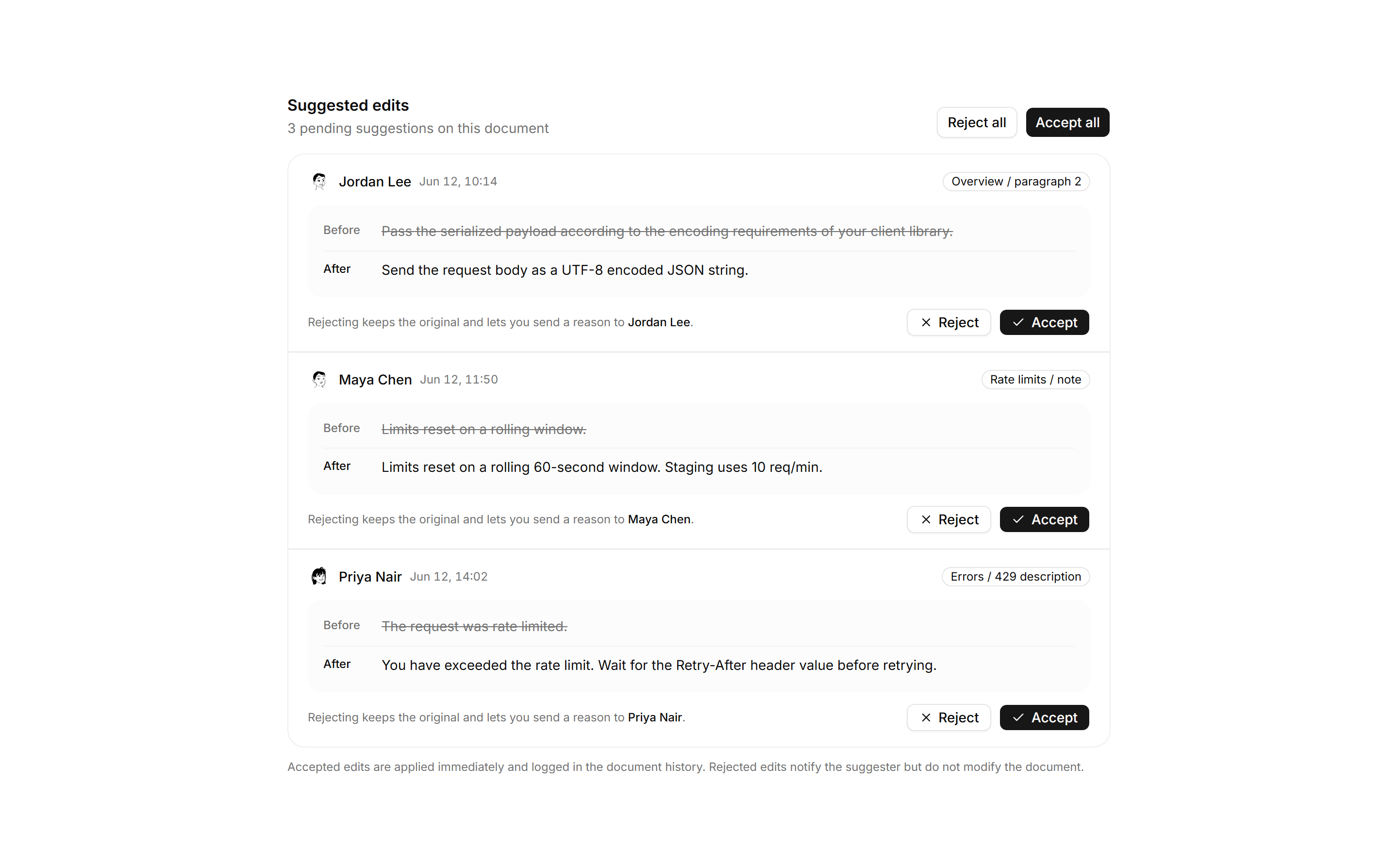 Application Comments and Annotation: Suggestion Review Row