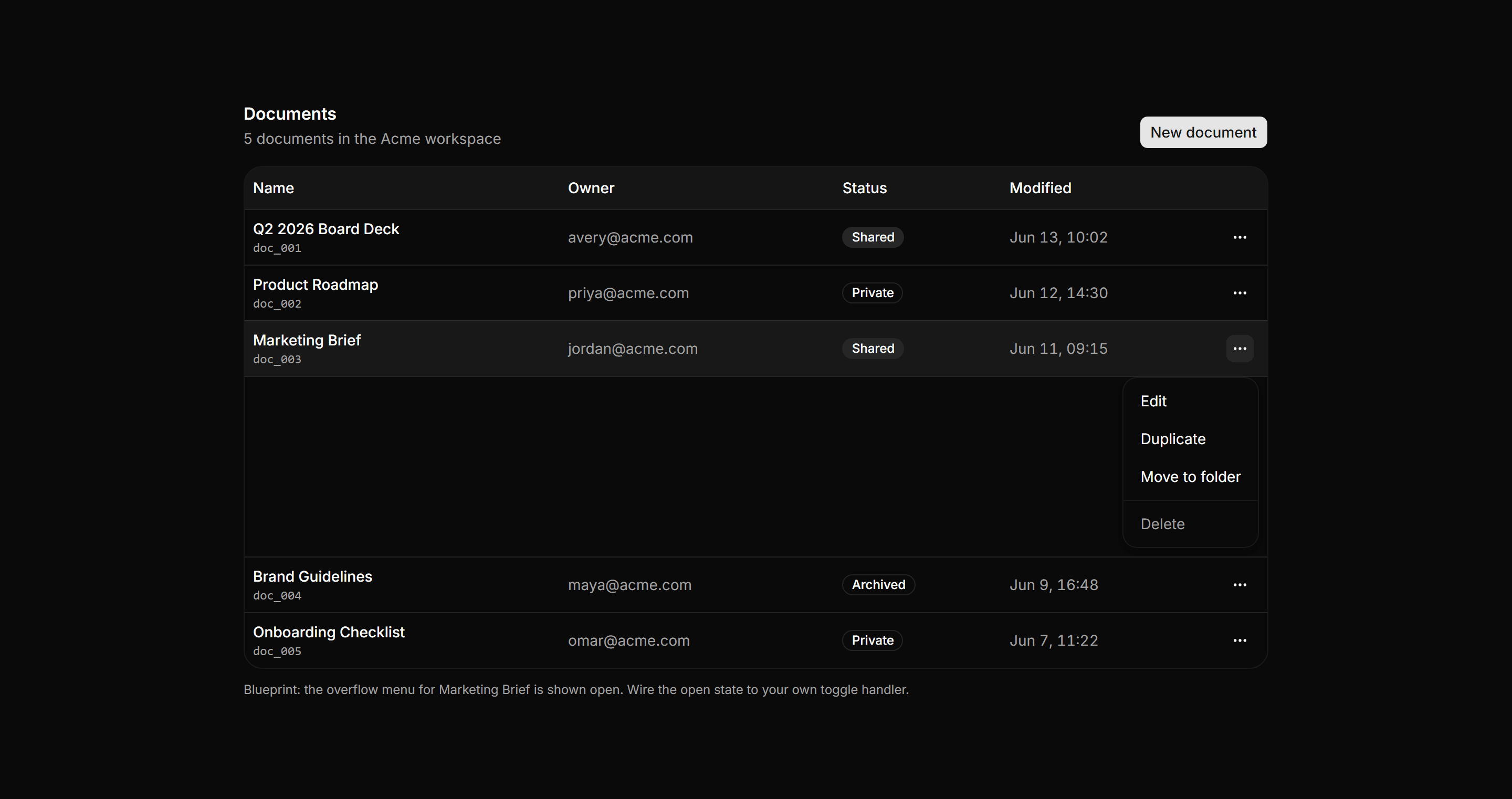 Application Data Table: Row Actions Menu Blueprint