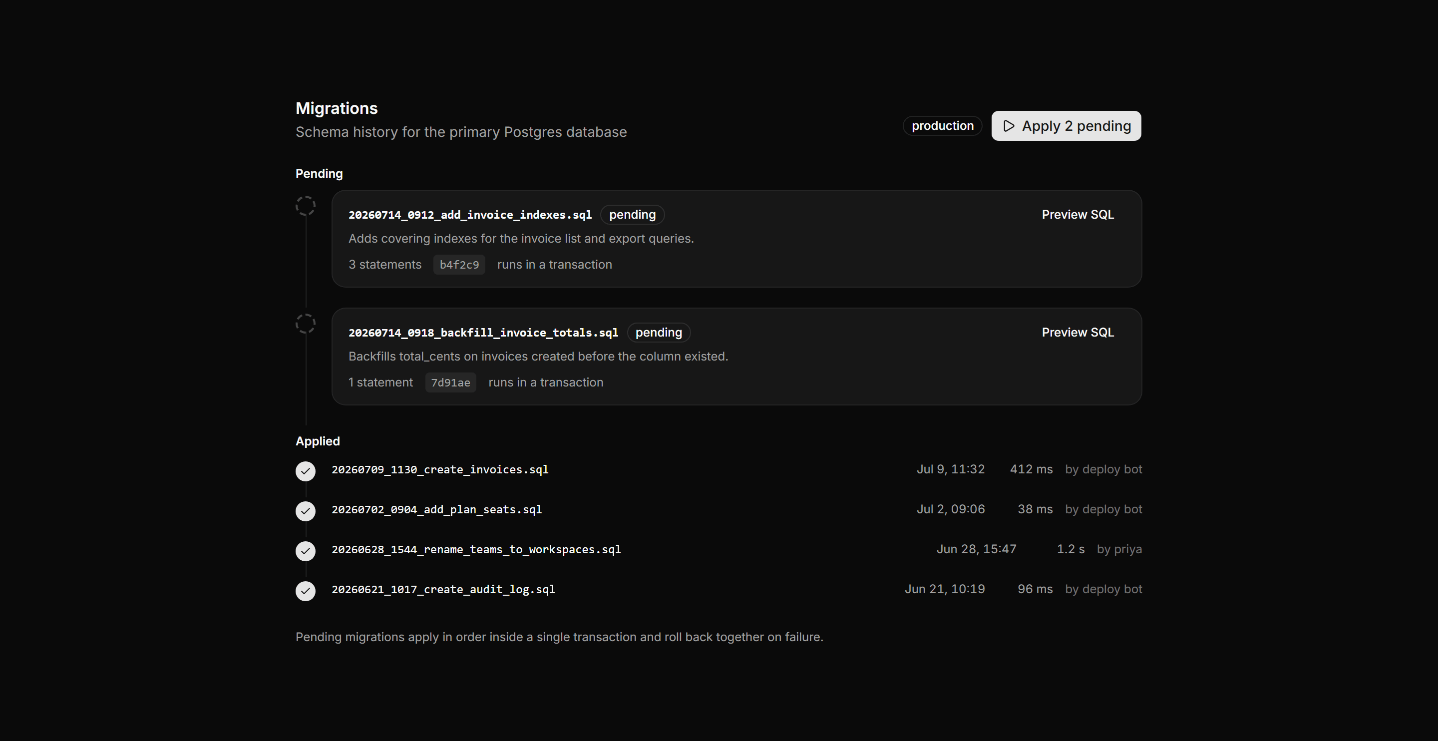 Application Developer Tool: Migrations Panel