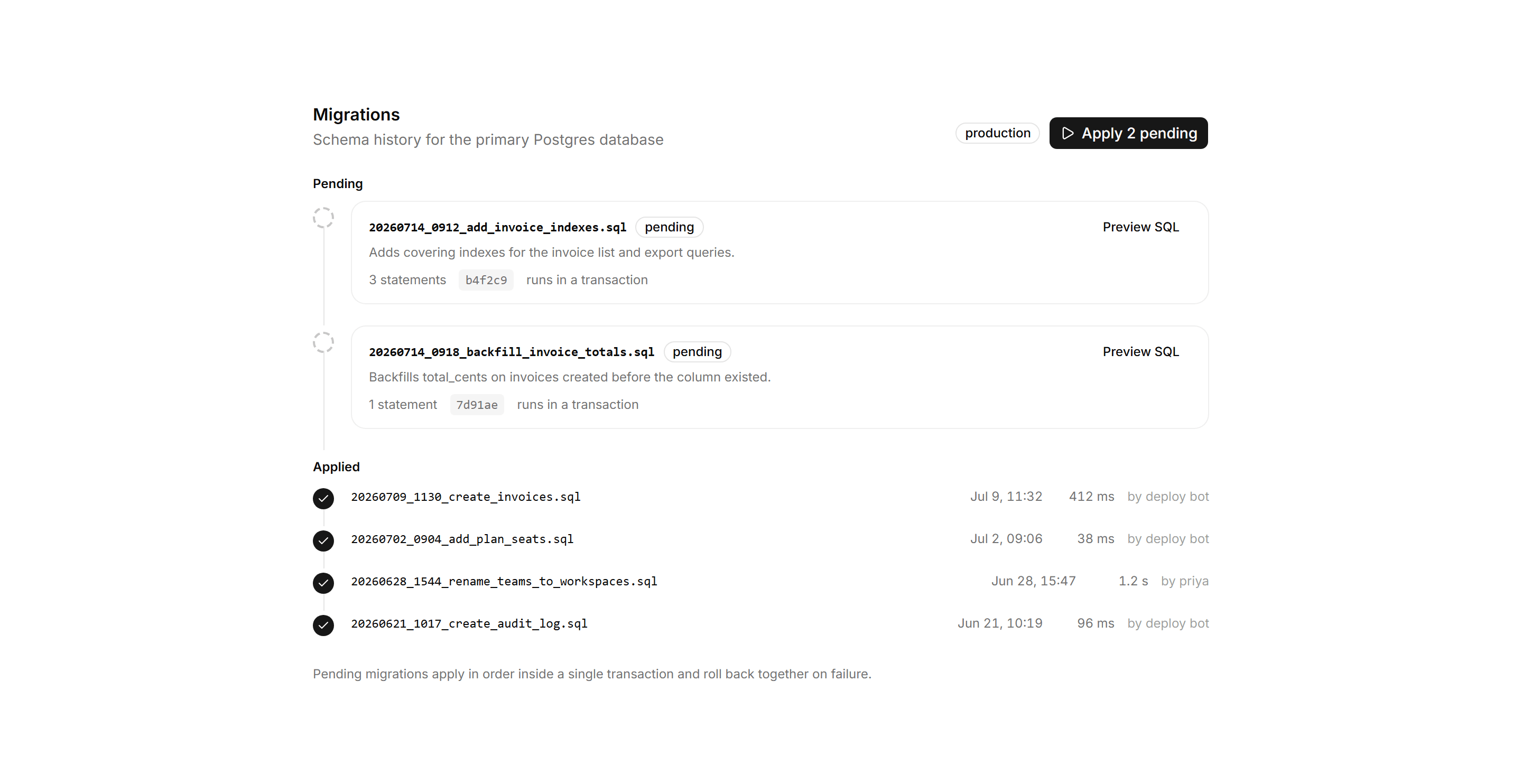 Application Developer Tool: Migrations Panel