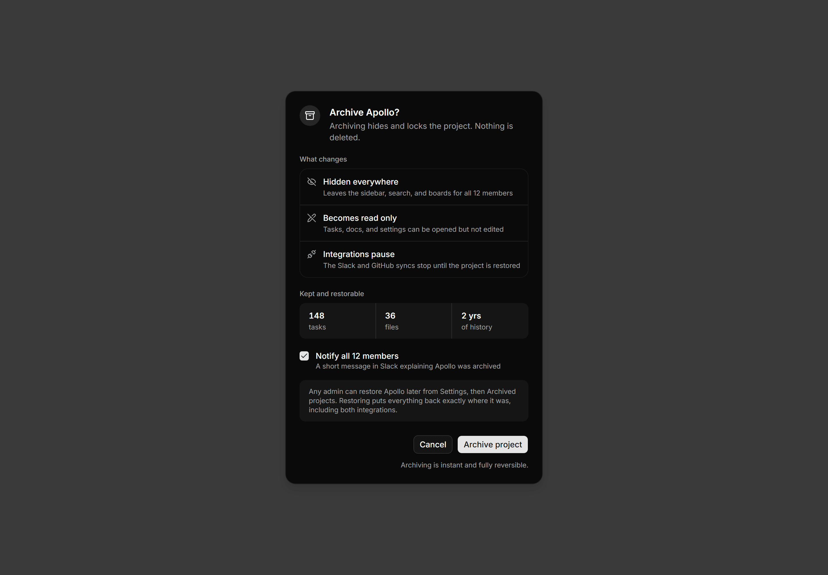 Application Dialog: Archive Project Dialog