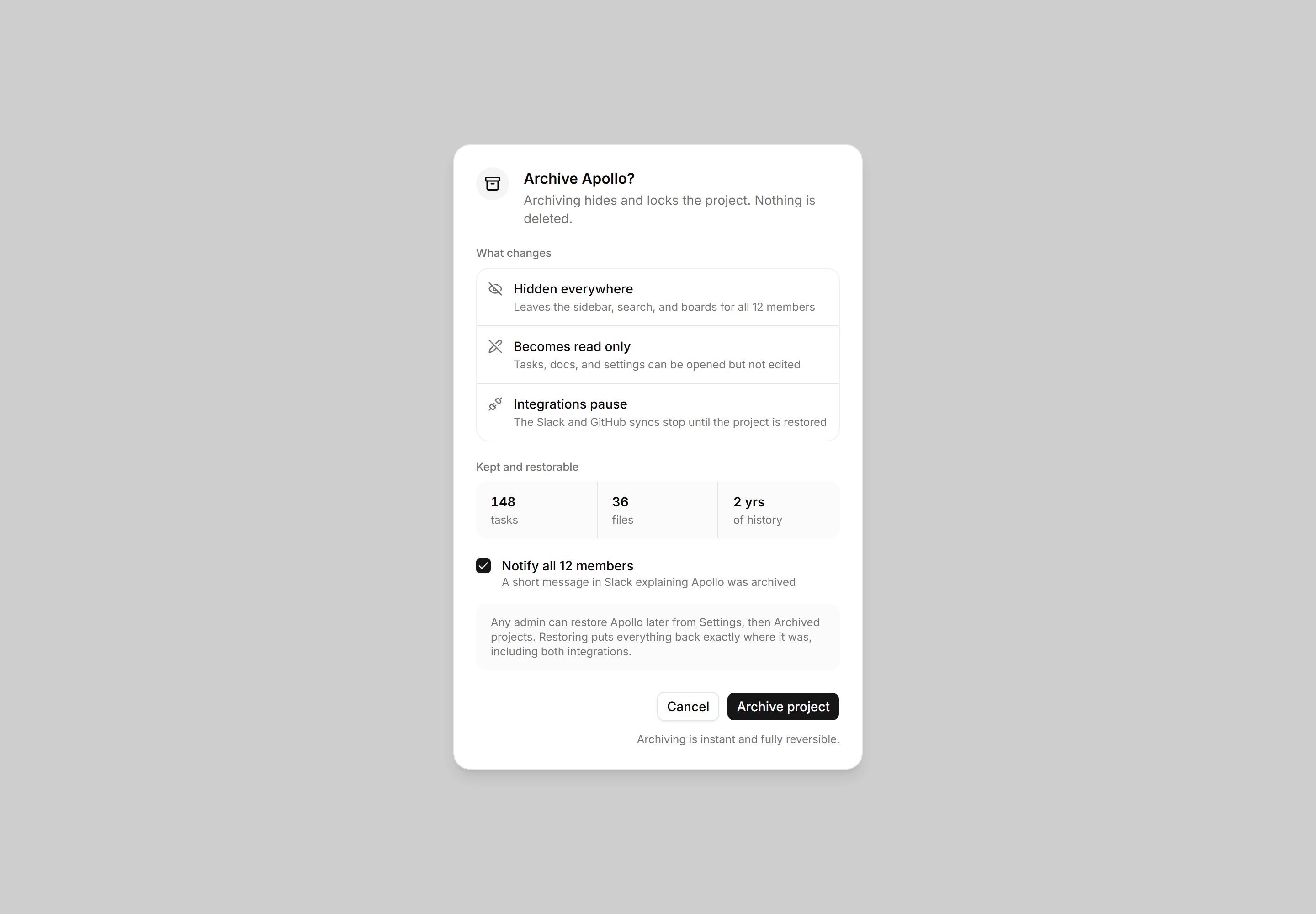 Application Dialog: Archive Project Dialog