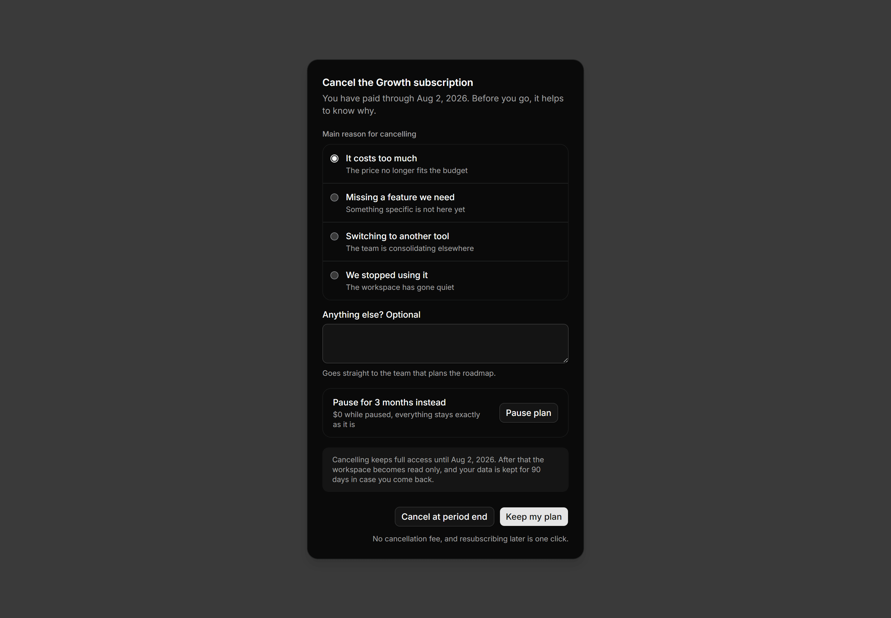 Application Dialog: Cancel Subscription Dialog