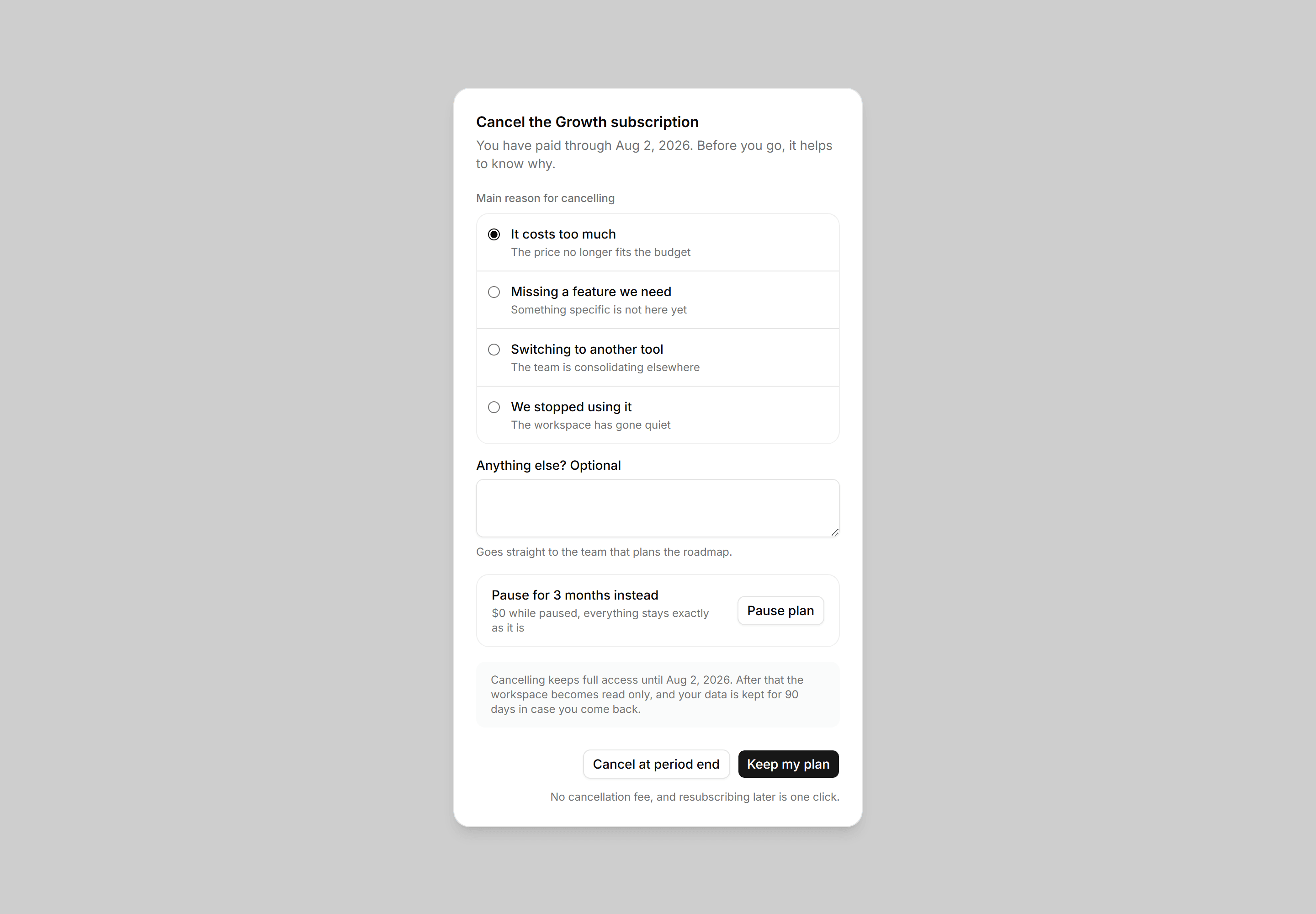 Application Dialog: Cancel Subscription Dialog