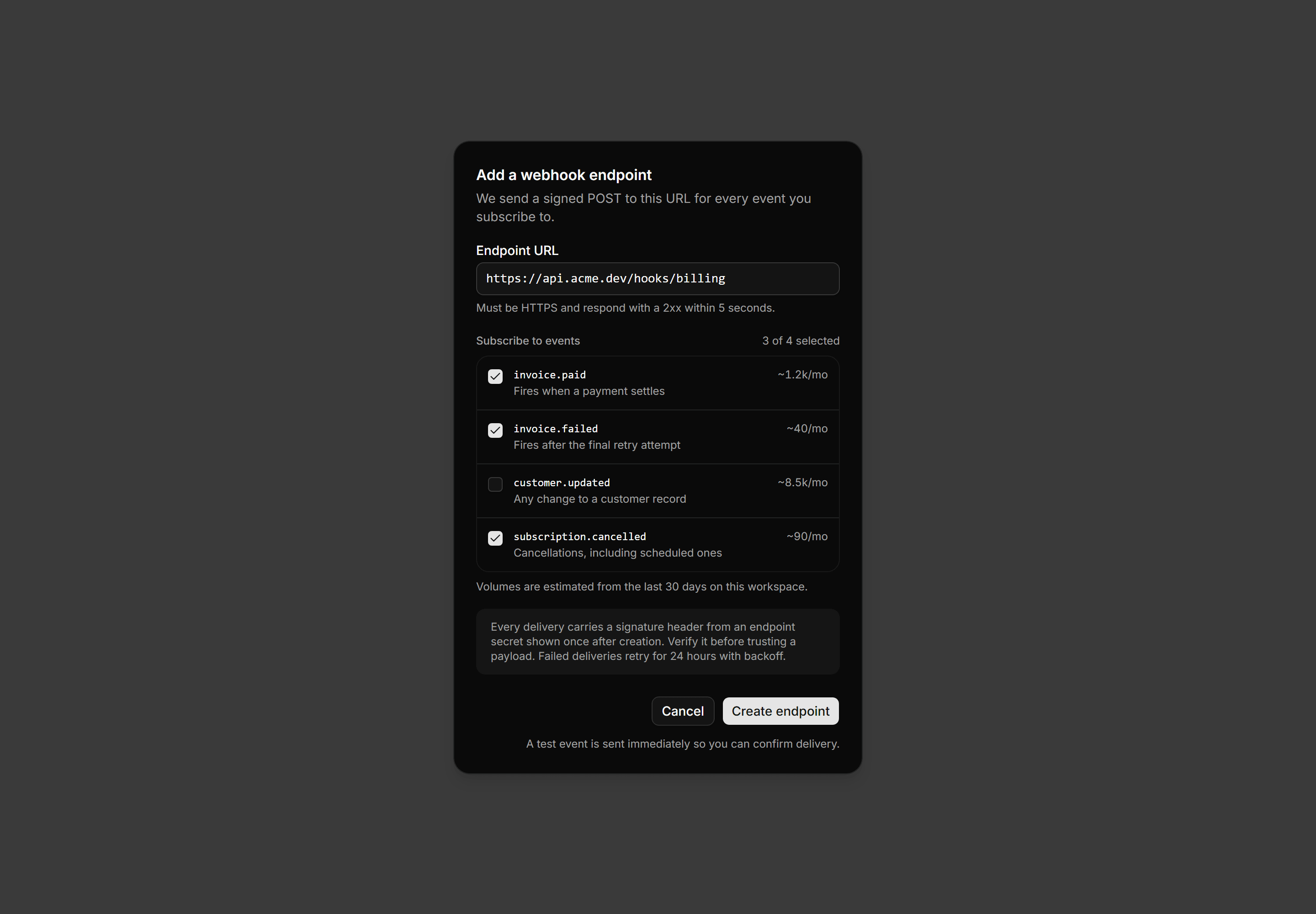 Application Dialog: Create Webhook Dialog
