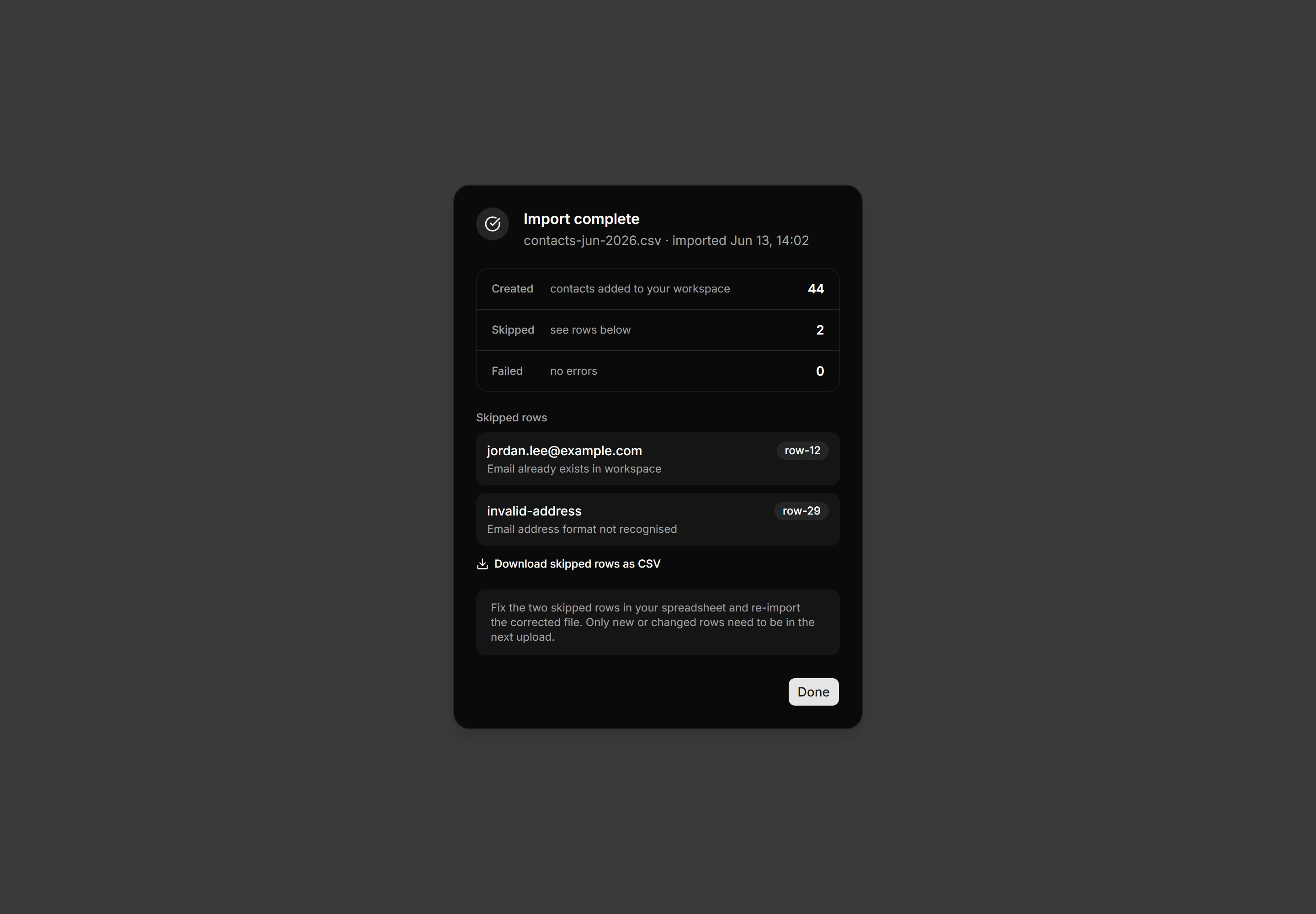 Application Dialog: Import Result Dialog