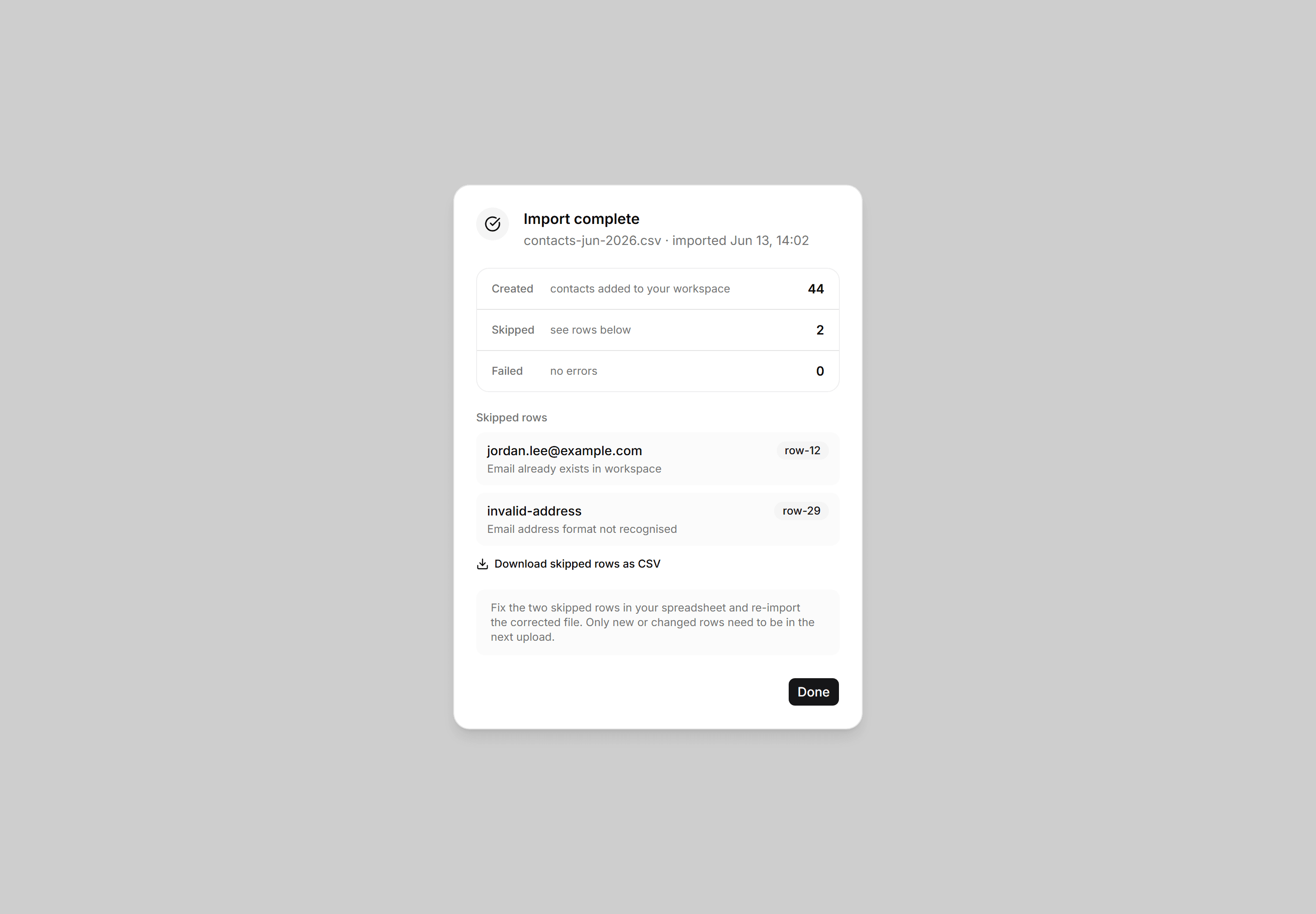 Application Dialog: Import Result Dialog