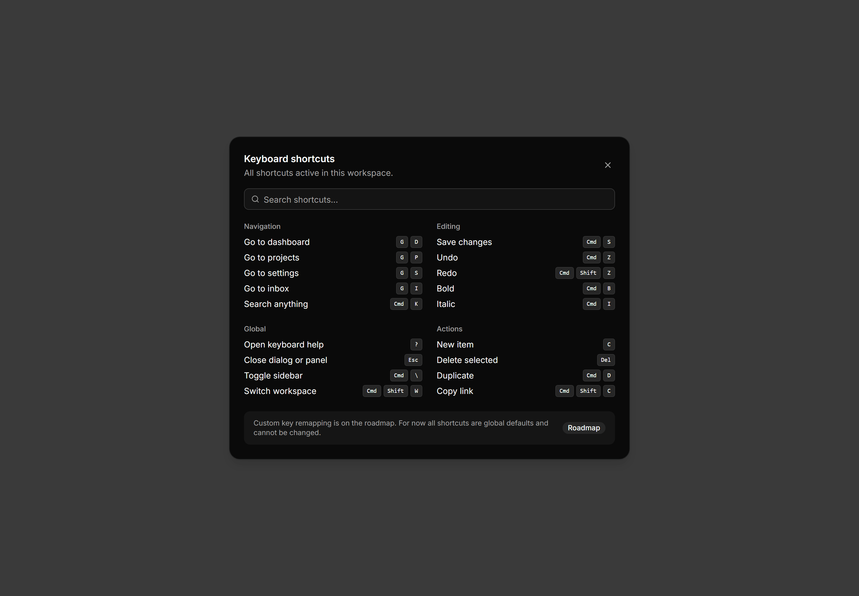Application Dialog: Keyboard Help Dialog