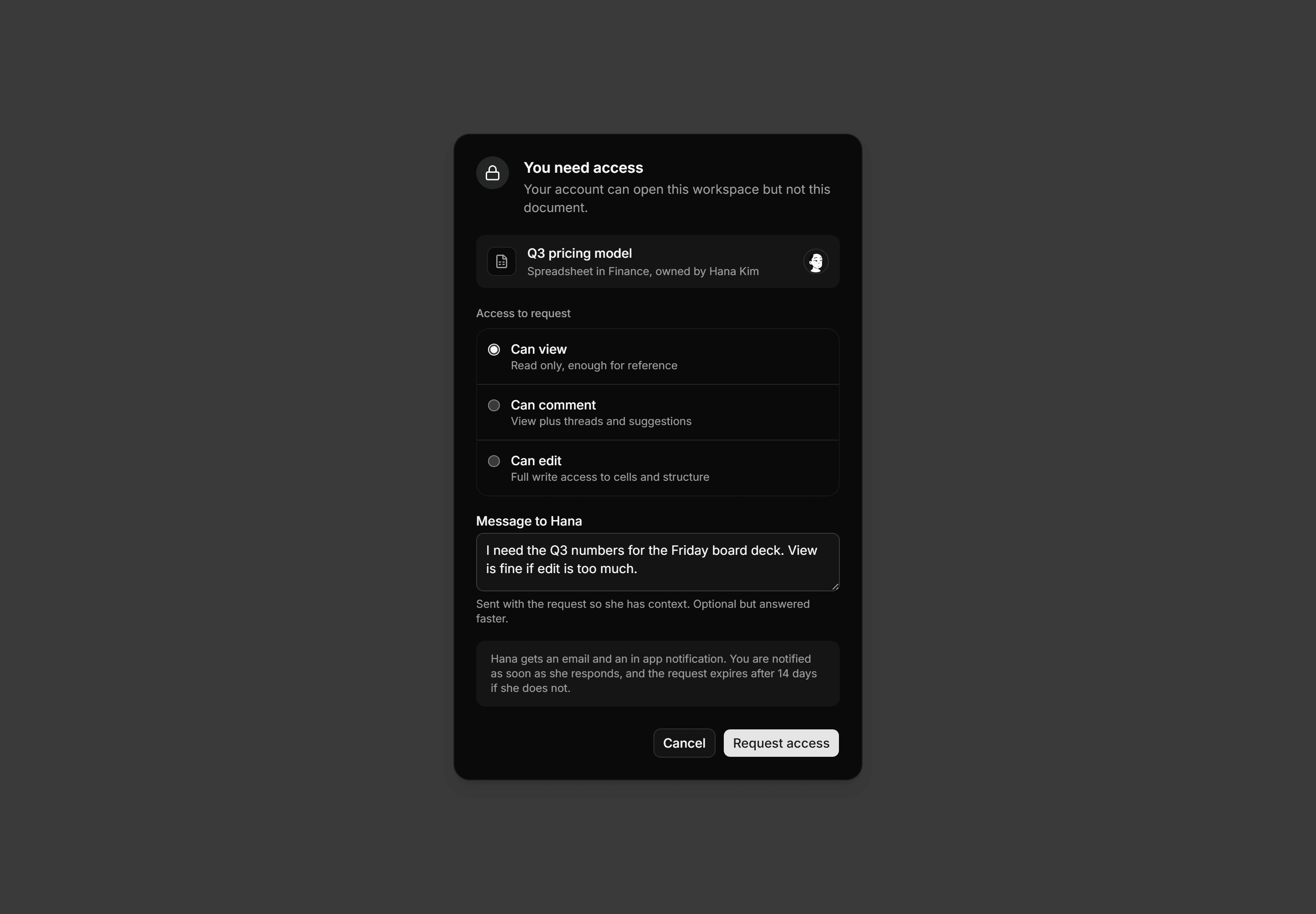 Application Dialog: Request Access Dialog