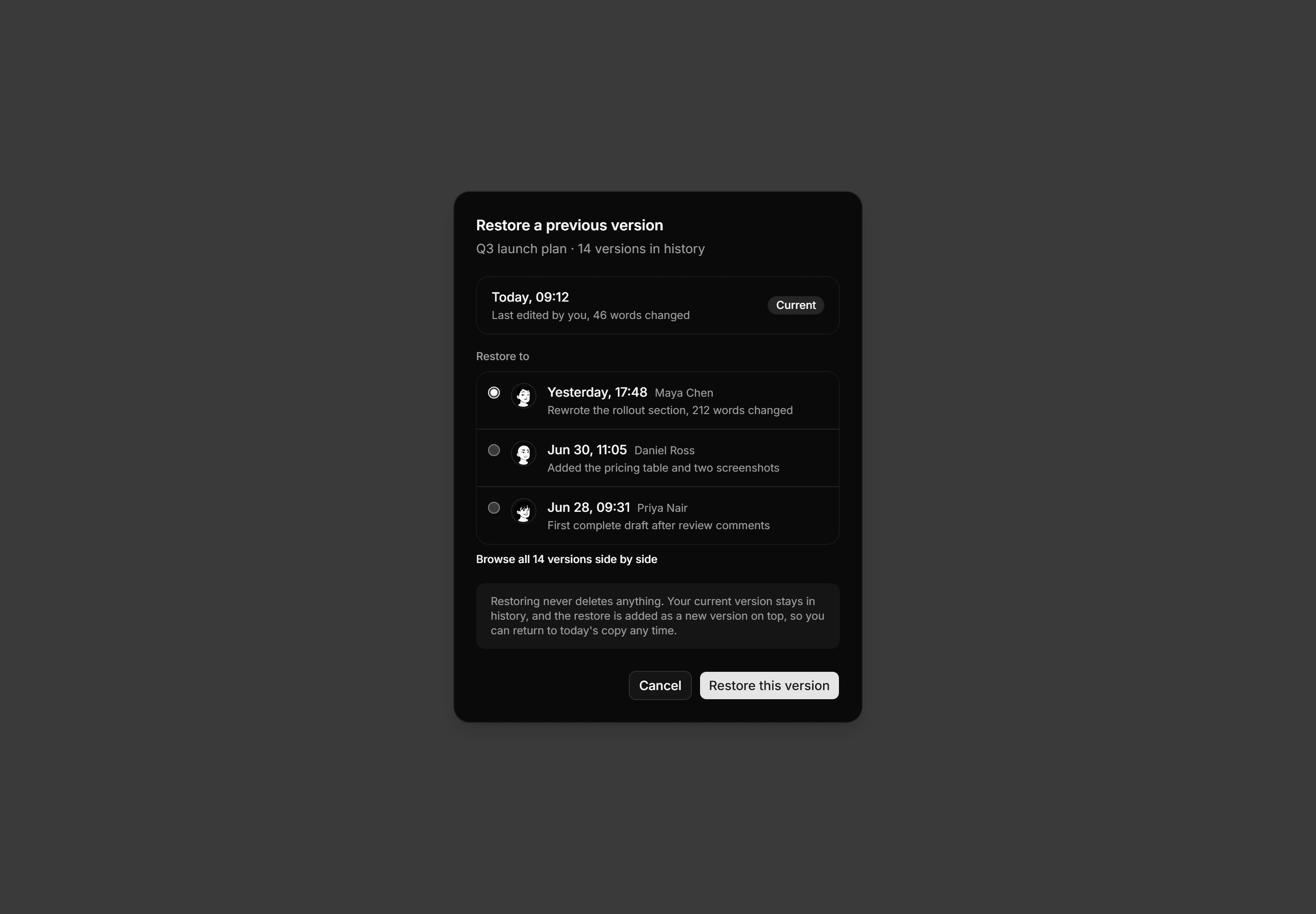 Application Dialog: Restore Version Dialog