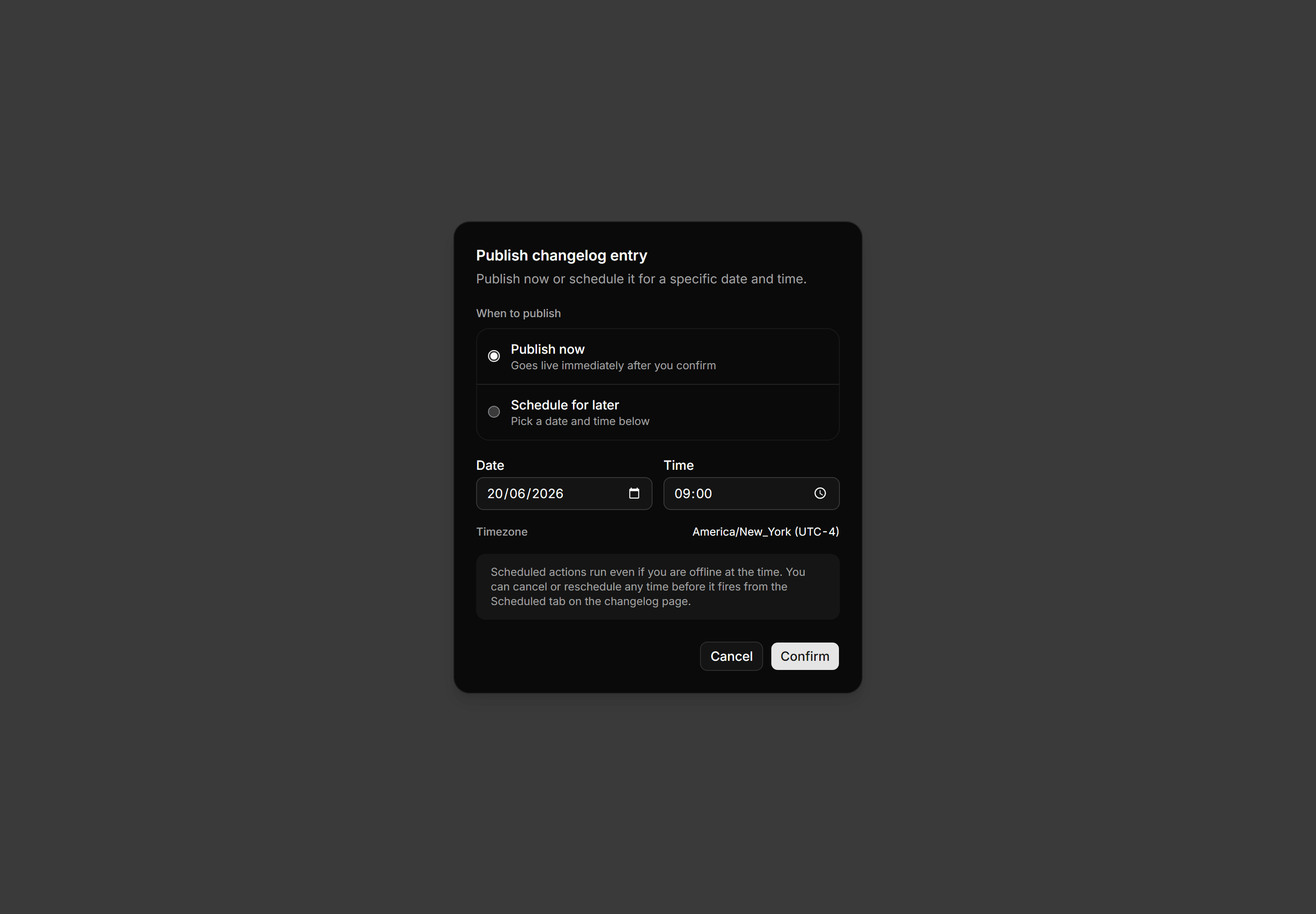 Application Dialog: Schedule Action Dialog