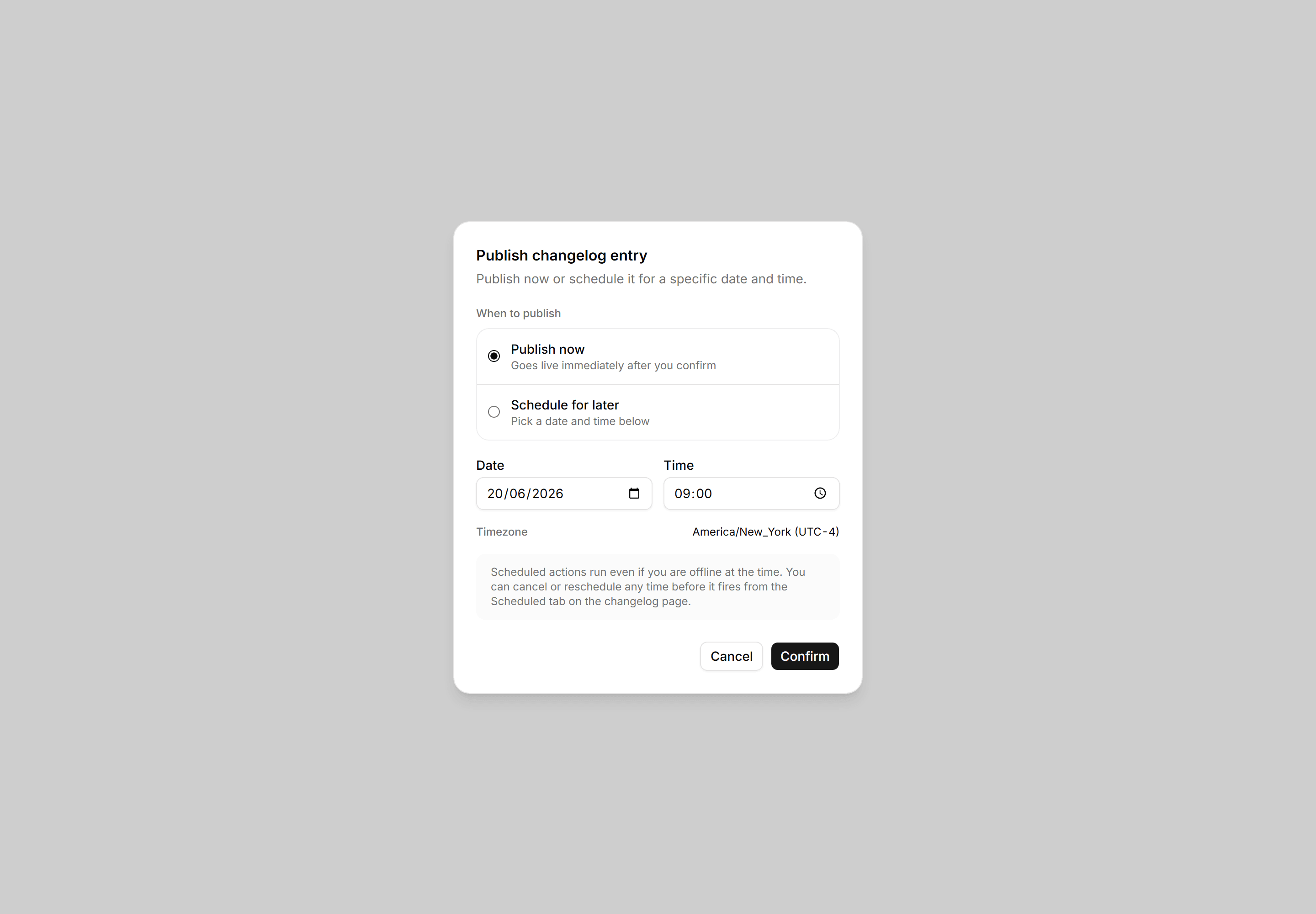Application Dialog: Schedule Action Dialog