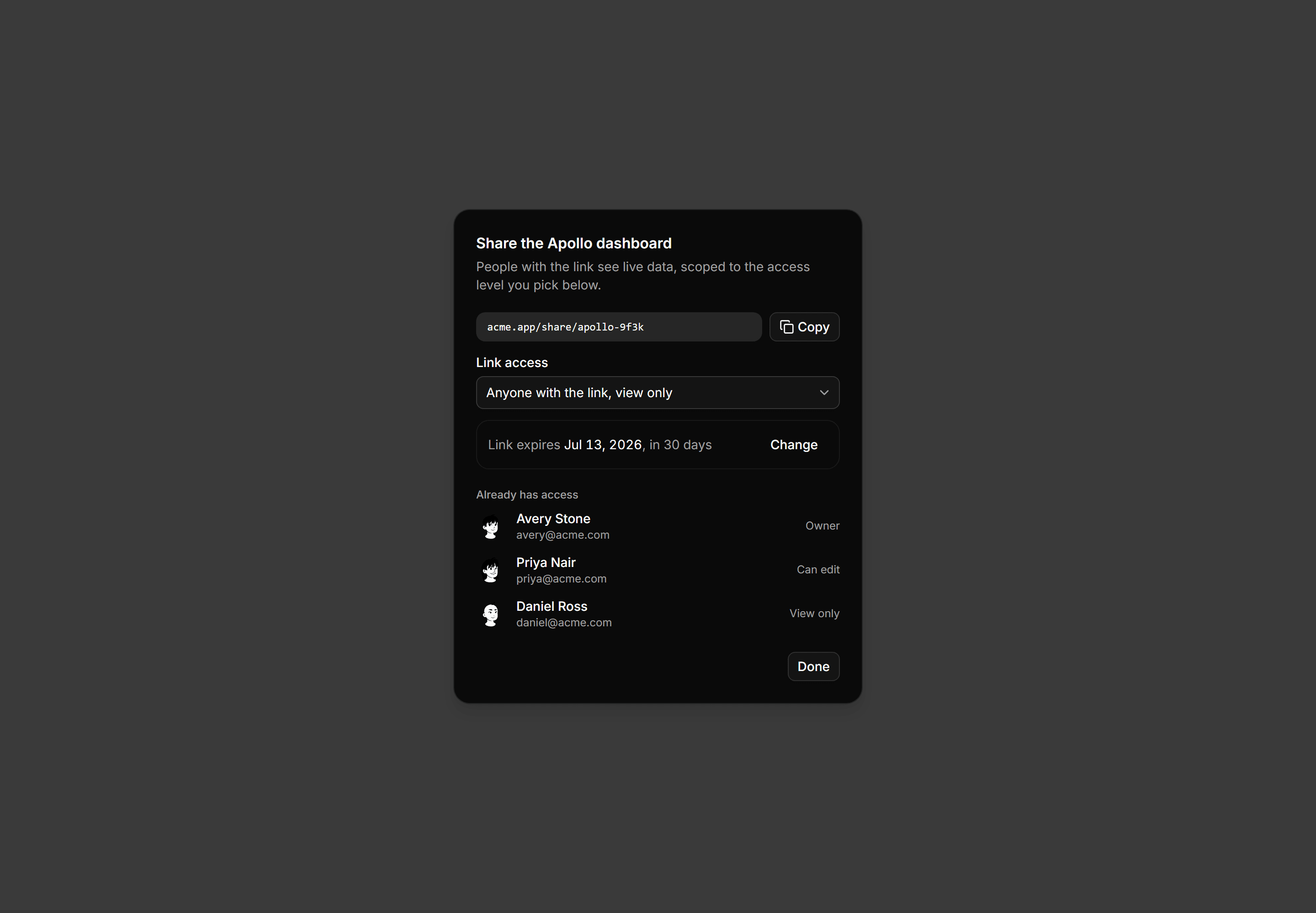 Application Dialog: Share Link Dialog