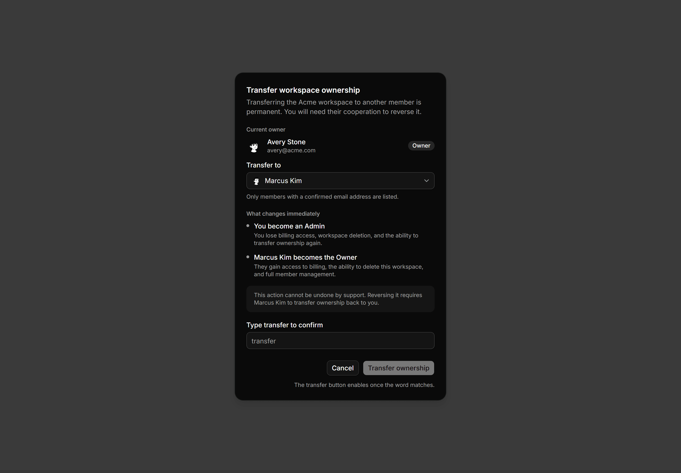 Application Dialog: Transfer Ownership Dialog