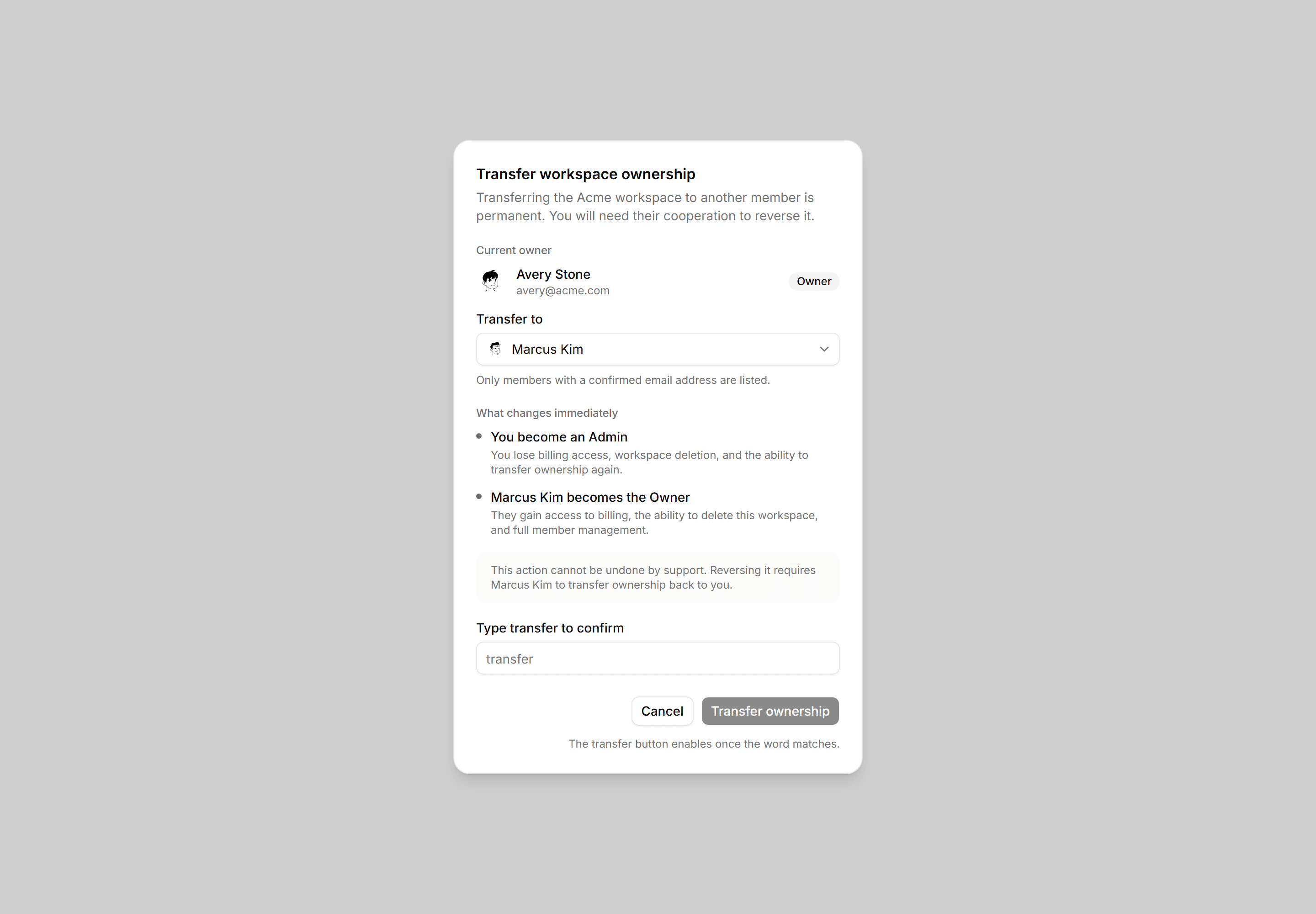 Application Dialog: Transfer Ownership Dialog
