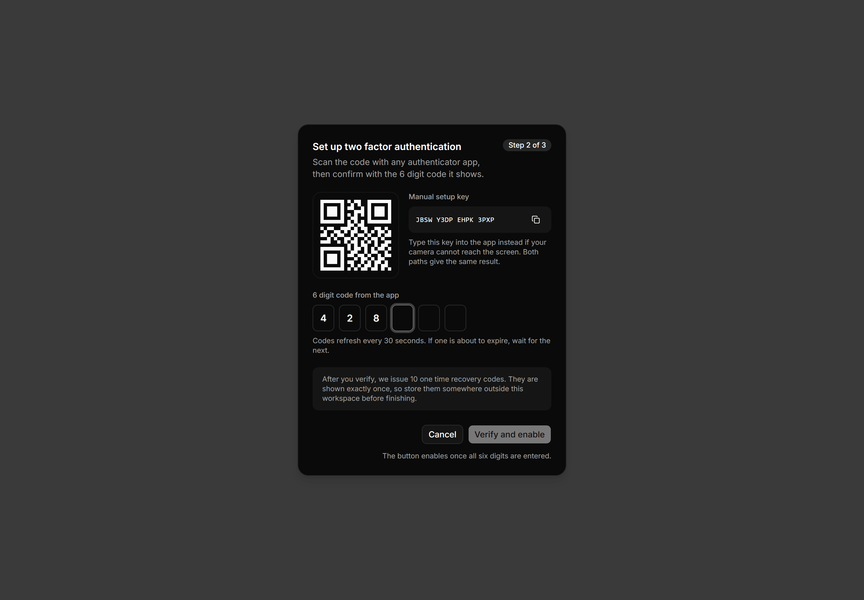 Application Dialog: Two Factor Setup Dialog