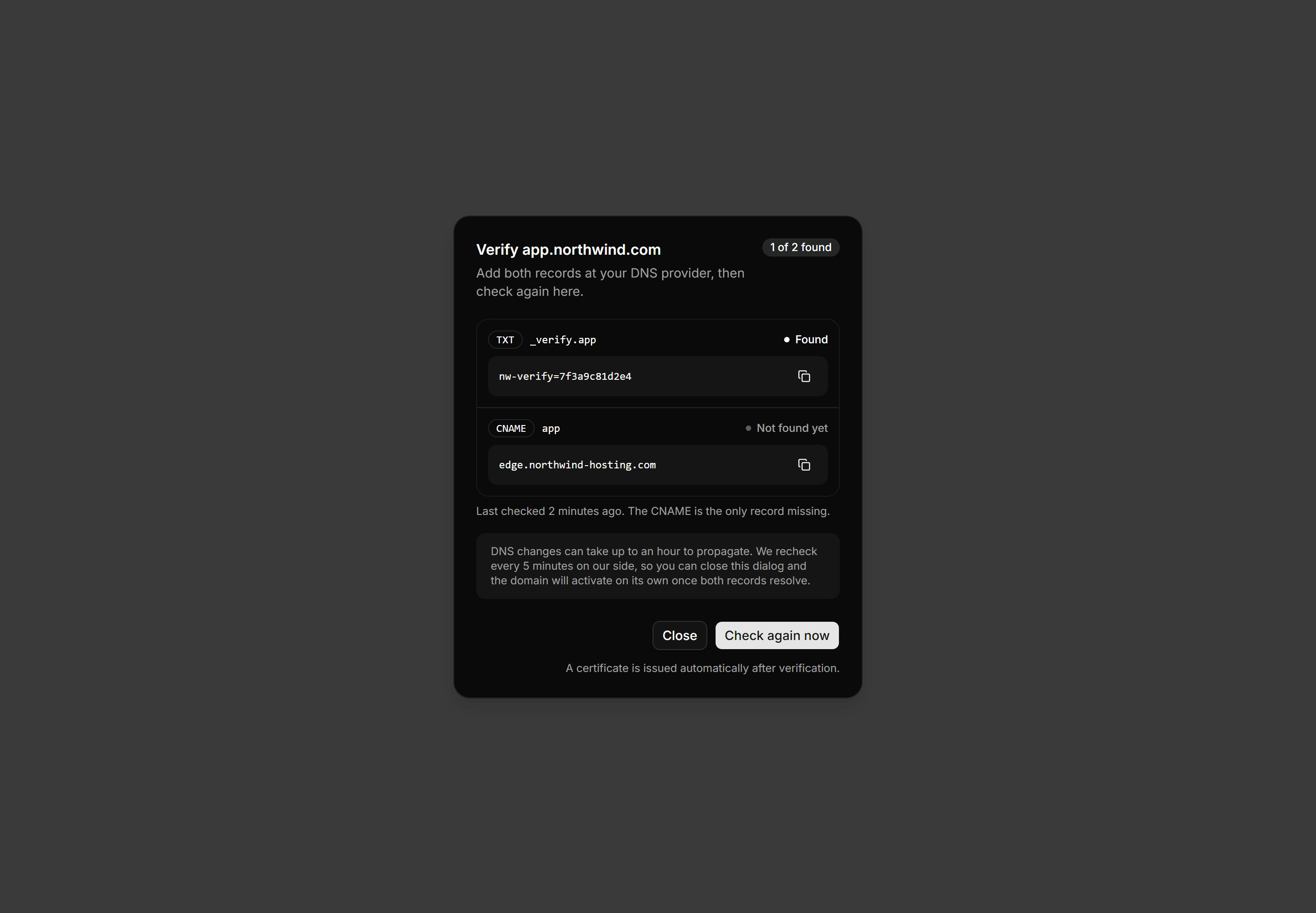Application Dialog: Verify Domain Dialog