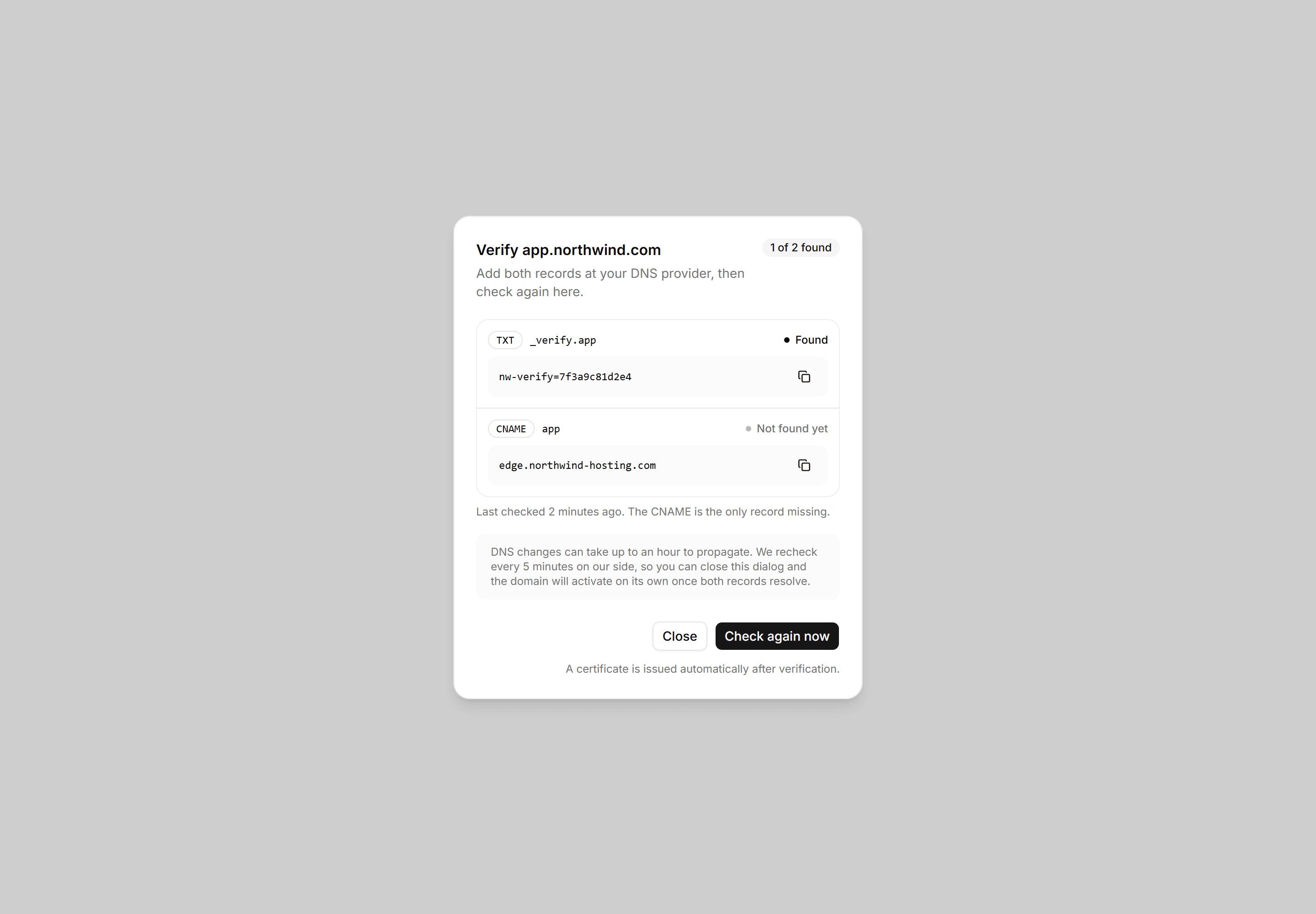Application Dialog: Verify Domain Dialog