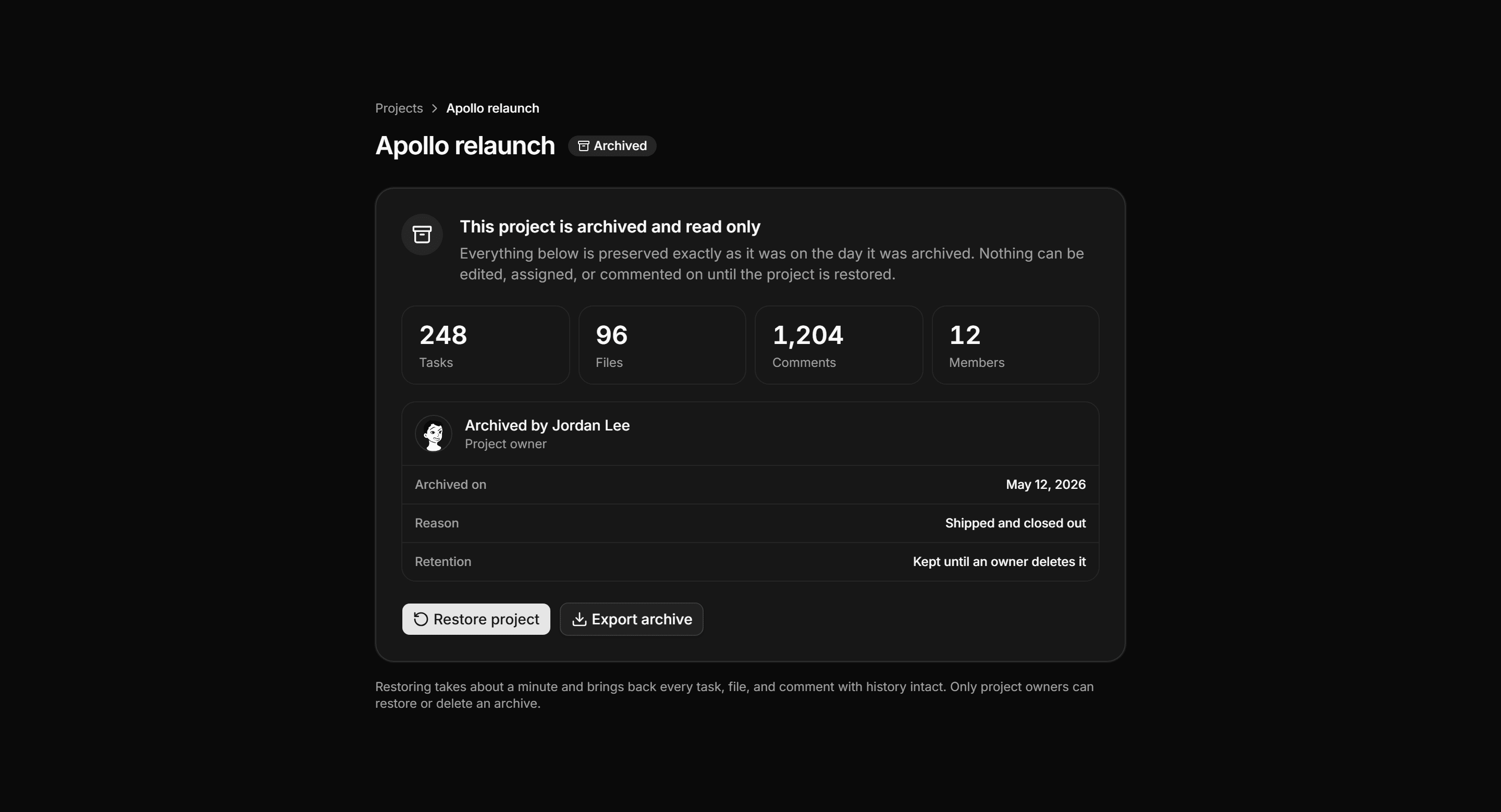Application Empty State: Archived Project State
