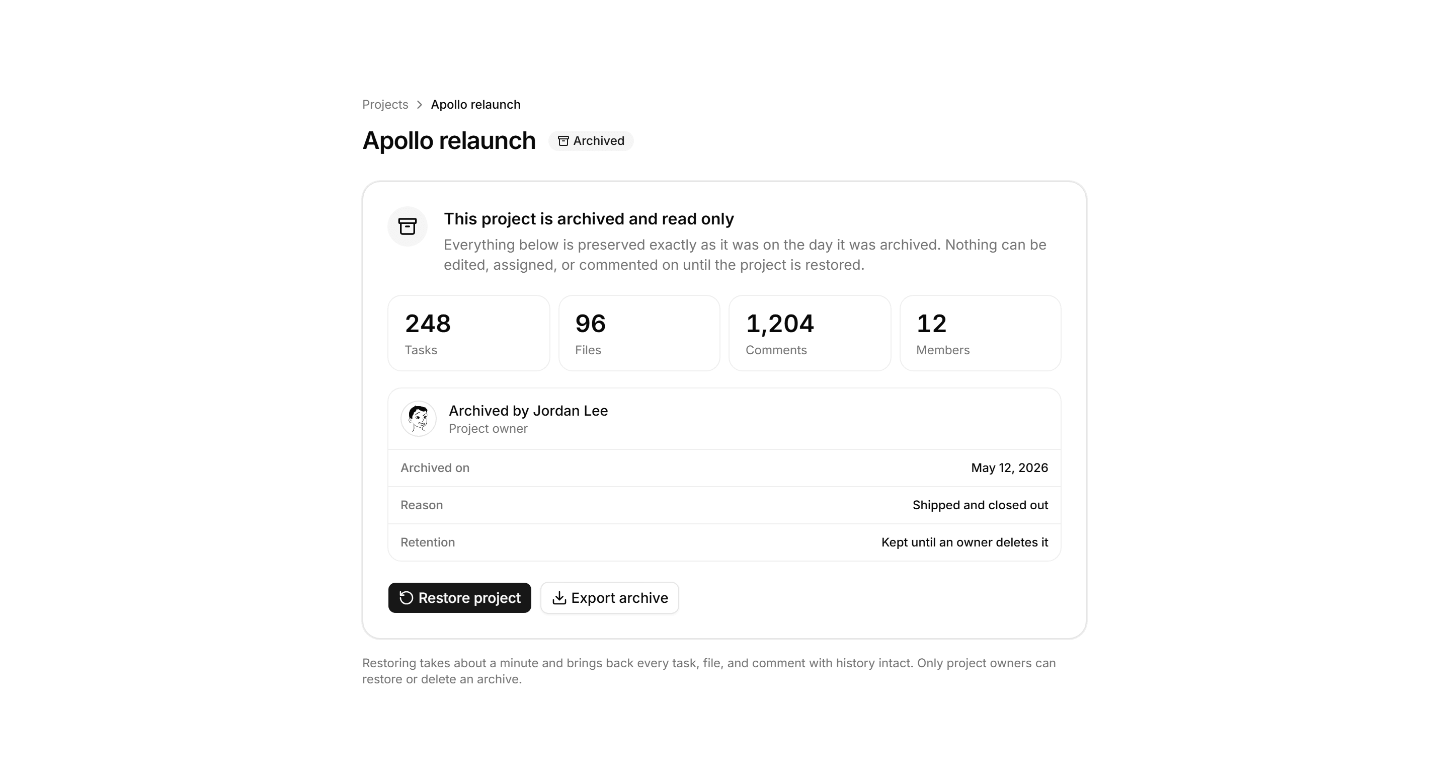 Application Empty State: Archived Project State