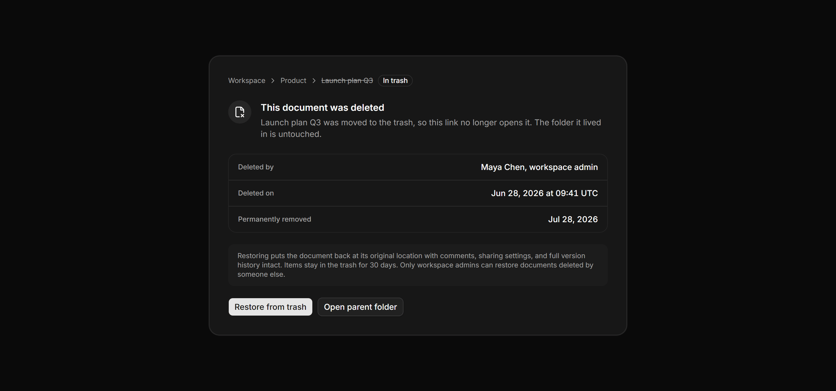 Application Empty State: Deleted Resource State