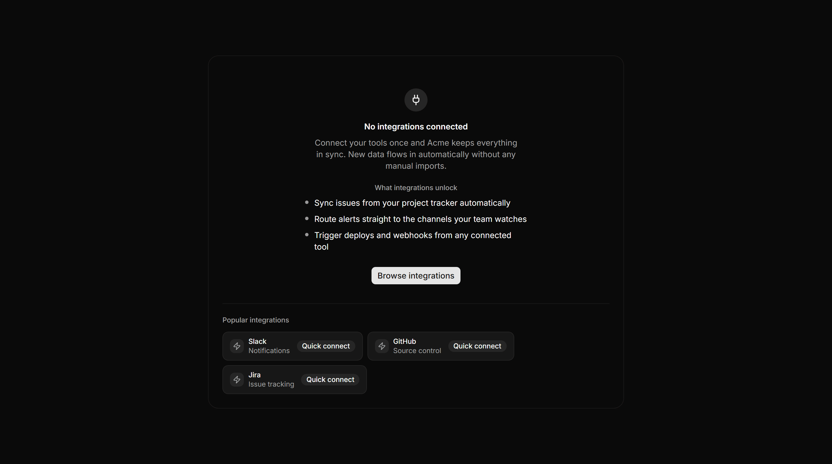 Application Empty State: No Integrations State