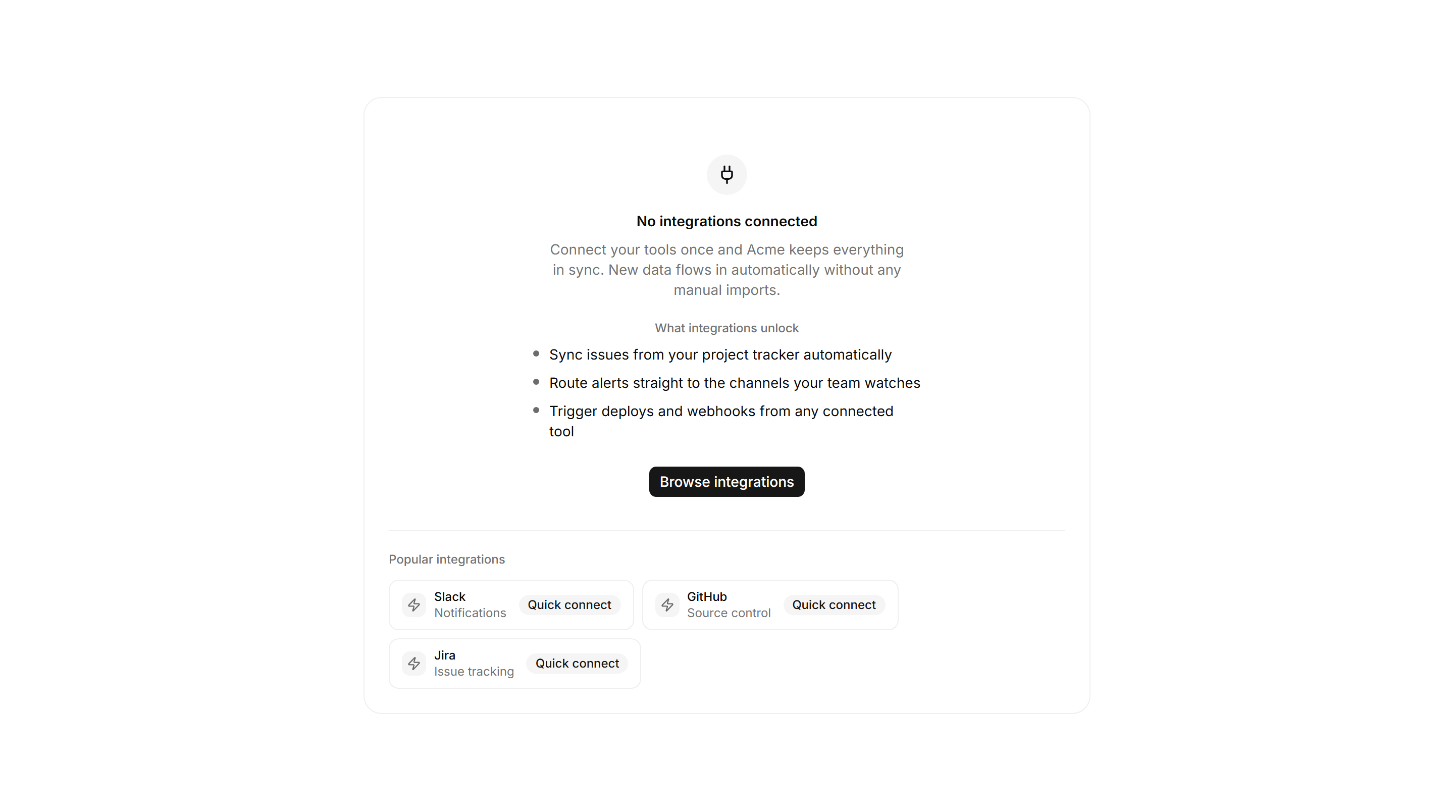 Application Empty State: No Integrations State